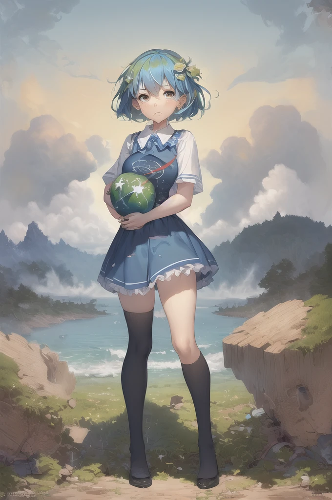 (masterpiece, best quality:1.2), solo, 1girl, earth-chan, (masterpiece, best quality:1.2), solo, 1girl, earth-chan, crying, looking at the two hands hugging the earth, the earth in her hands, a miserable expression because of the destruction and pollution of the environment.