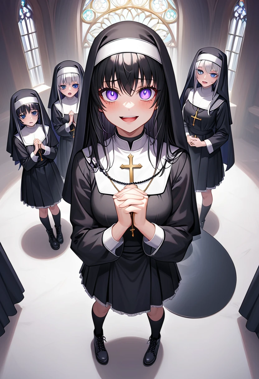 (1girl:1.4, , loli, 1 nun ,  1 sister, Monastic Clothes, Detailed skin, Beautiful Hair,  high definition), Gothic,  yandere:1.2, Yandere:1.2, Confused eyes, purple eyes:1.2,  sick expression, empty eyes, longeyelashes, crazy, Veil, Lace-up boots, Clenching one’s fists, Rosary, prayer, cathedral, Solemn, whole body:1.3, from above, from below:1.3