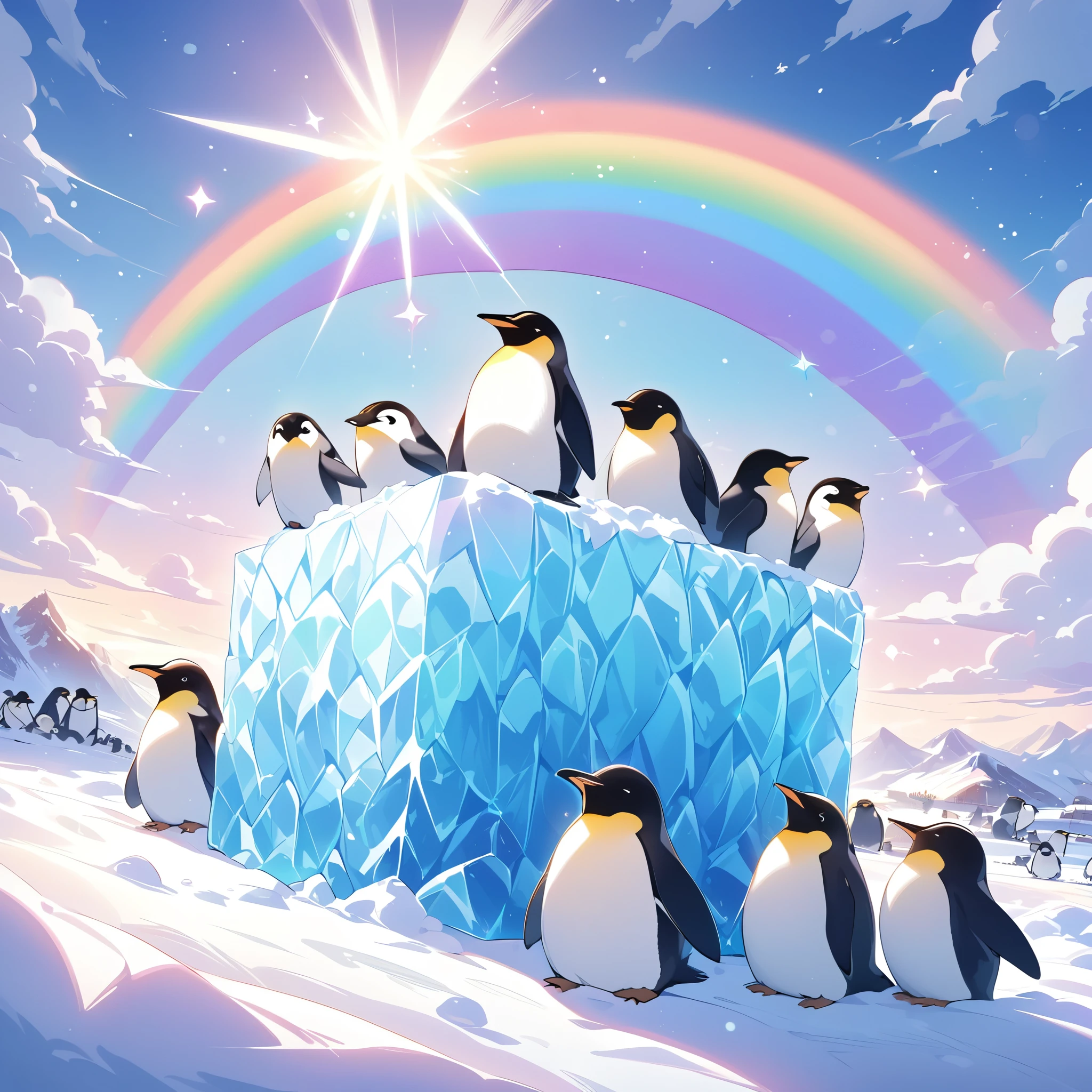 masterpiece, best quality, ultra-detailed, whimsical style, vibrant colors, chibi,

In a snowy, arctic landscape, a small, round penguin is seen hugging a large block of ice, looking up with a joyful expression as if it were a long-lost friend. The ice block sparkles in the sunlight, casting a rainbow-like glow around the penguin. Nearby, other penguins stand in a line, waiting their turn to “hug” the ice block, each one looking equally excited. The sky is a bright pastel blue, dotted with fluffy clouds, adding to the scene’s innocent charm. The overall scene is playful and cute, highlighting the penguin’s unique affection for the ice.