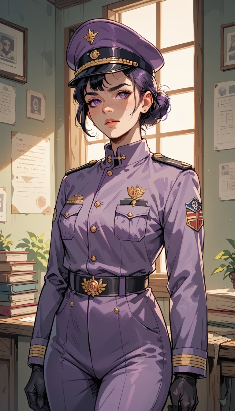 A female messenger anxiously makes a call in the intelligence room, purple military uniform.