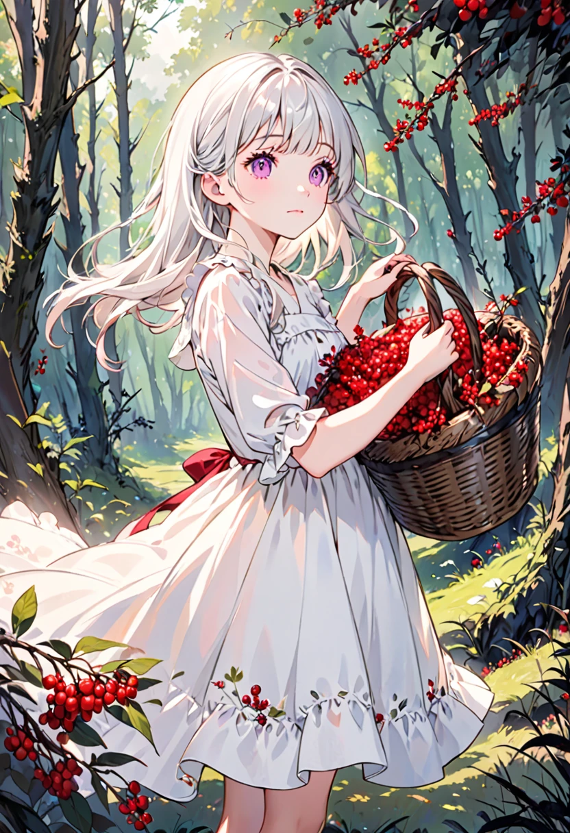 Very young woman {}, long white hair with bangs, bright purple eyes, long eyelashes, pink cheeks, faint smile, wearing a shabby short white dress. Standing while carrying a basket filled with red berries in your right hand, body sideways, gaze at the screen. forest and black grass background.Full HD, Full color