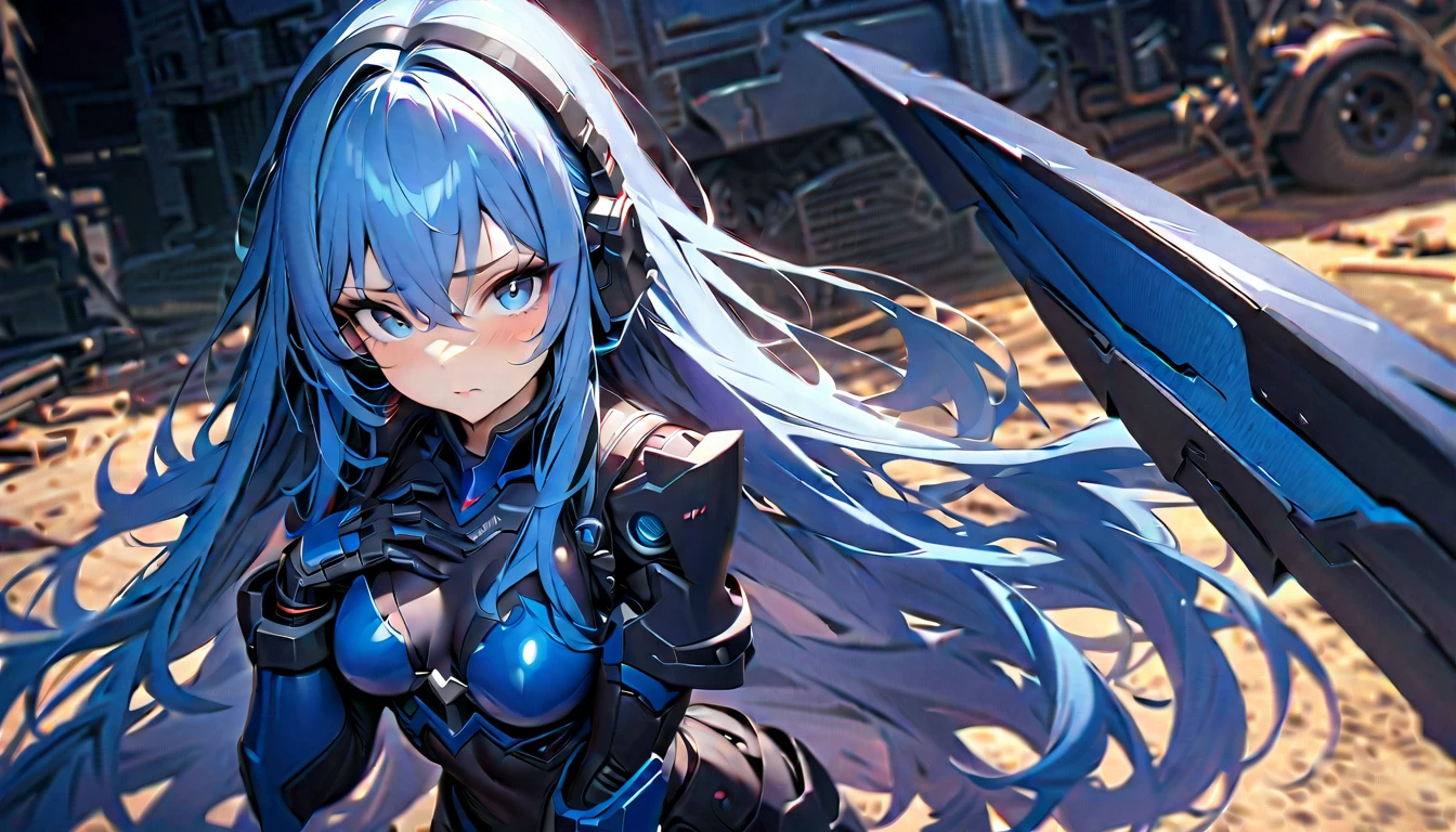 girl masterpiece, best quality, high resolution, best detailed, HDR, 4k, 8k, blue hair, very long hair, detailed face, beautiful shape, small breast, blue eyes, blue full armor, mechanical gloves, mechanical long boots, mechanical wings, wearing headset, wearing katana, hand on chest, unsatisfied, looking to the viewer,