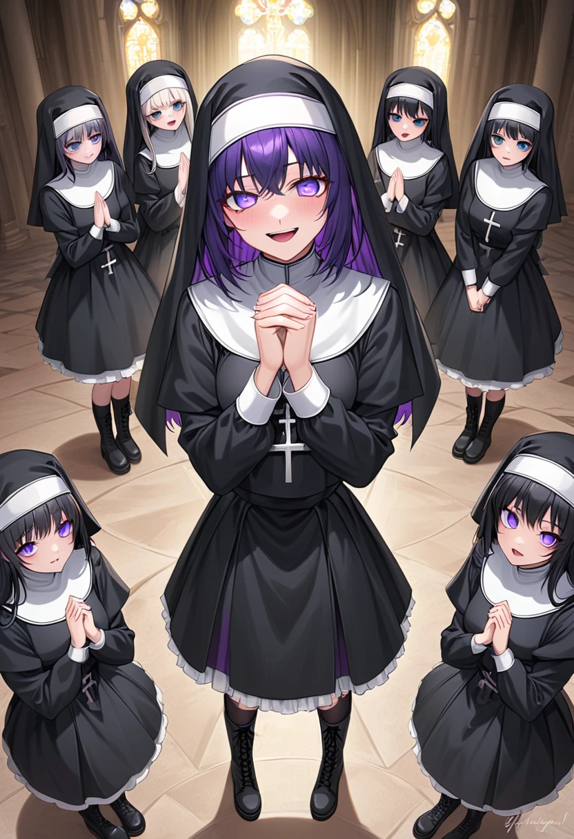 (Nuns, Sister, Monastic Clothes, Detailed skin,  high definition), Gothic,  yandere:1.2, Yandere:1.2, Confused eyes, purple eyes:1.2,  sick expression, empty eyes, longeyelashes, crazy, Directing a smiling face, Veil, Lace-up boots, Clenching one’s fists, Rosary, prayer, cathedral, Solemn, whole body:1.3, from above, from below:1.3