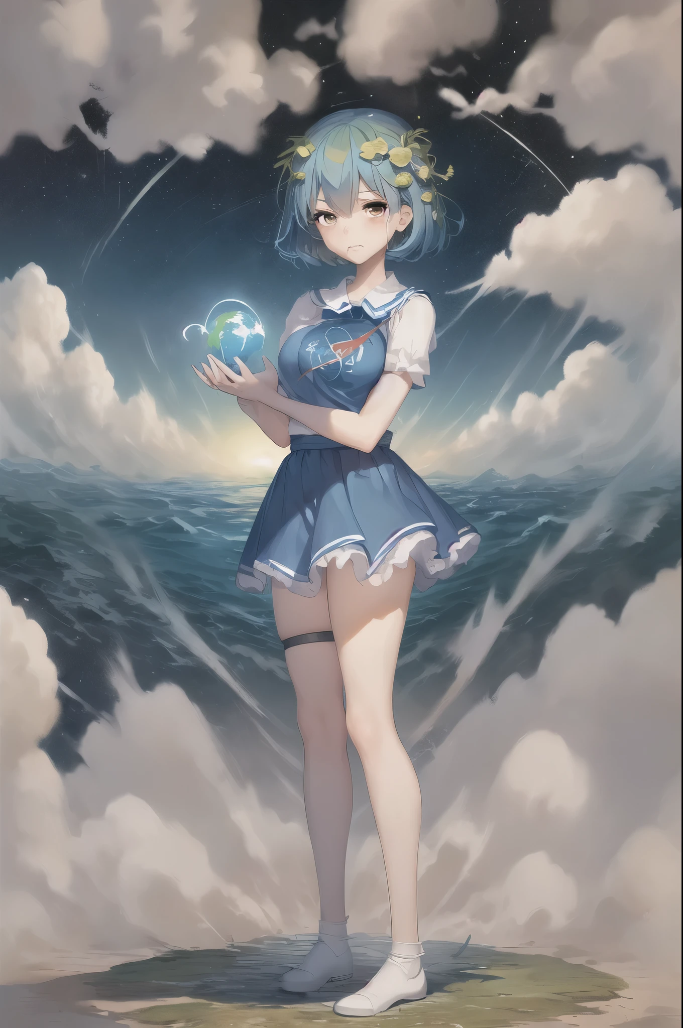 (masterpiece, best quality:1.2), solo, 1girl, earth-chan, (masterpiece, best quality:1.2), solo, 1girl, earth-chan, crying, looking at the two hands hugging the earth, the earth in her hands, a miserable expression because of the destruction and pollution of the environment.