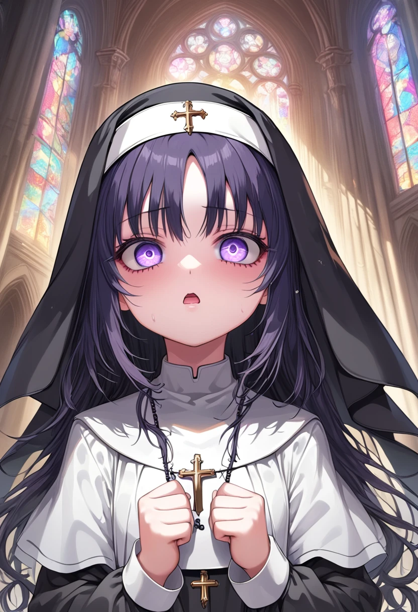 (1girl:1.4, , loli, 1 nun ,  1 sister, Monastic Clothes, Detailed skin, Beautiful Hair,  high definition), Gothic,  yandere:1.2, Yandere:1.2, Confused eyes, purple eyes:1.2,  sick expression, empty eyes, longeyelashes, crazy, Veil, Lace-up boots, Clenching one’s fists, Rosary, prayer, cathedral, Solemn, whole body:1.3, from above, from below:1.3