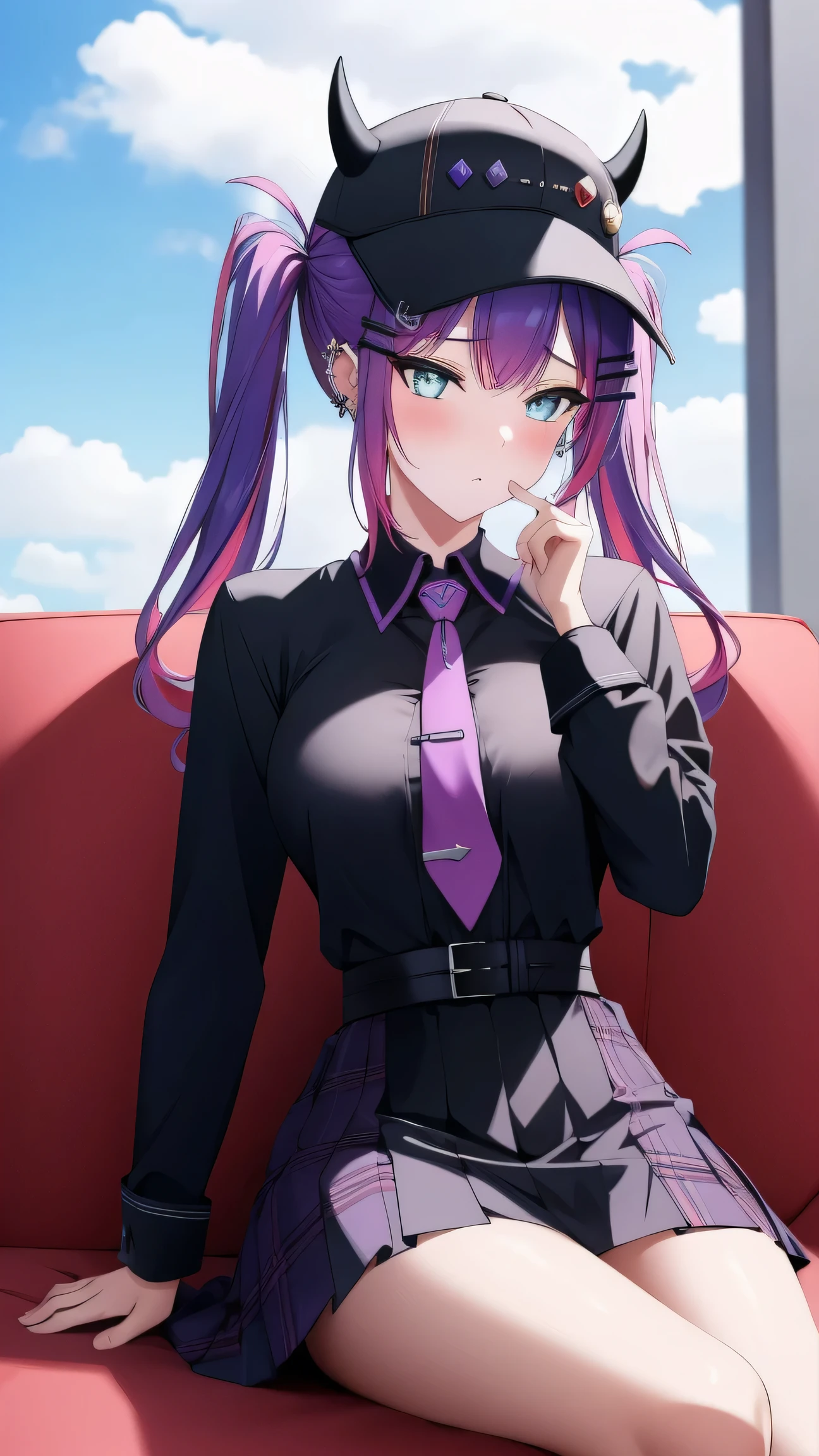 (day:1.7), sky background,a blue sky and clouds,
sitting at attention,sitting on couch,
purple necktie, black shirt, collared shirt, long sleeves, black skirt, plaid skirt,
aatowa, long hair, twintails, black headwear, baseball cap, fake horns, hairclip, piercing, demon tail,
1 girl, 20yo,young female,Beautiful Finger,Beautiful long legs,Beautiful body,Beautiful Nose,Beautiful character design, perfect eyes, perfect face,
looking at viewer, (innocent_big_eyes:1.0),(expressionless:1.3),
NSFW,official art,extremely detailed CG unity 8k wallpaper, perfect lighting,Colorful, Bright_Front_face_Lighting,
(masterpiece:1.0),(best_quality:1.0), ultra high res,4K,ultra-detailed,
photography, 8K, HDR, highres, absurdres:1.2, Kodak portra 400, film grain, blurry background, bokeh:1.2, lens flare, (vibrant_color:1.2)
(Beautiful,medium_Breasts:1.4), (beautiful_face:1.5),(narrow_waist),(perfect hands, perfect anatomy),