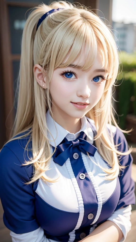 Beautiful and very smiling ,  Portrait 、 school uniform with broken leg、Bright expression、 ponytail、young and radiant white glowing skin、Great looks、Blonde hair reflects the light、 shiny highlights on platinum blonde hair wearing a coat over a sweater、Shiny bright hair,、 super long silky straight hair 、Shiny, beautiful bangs、 big blue eyes that are clear and attractive like shining crystals、very beautiful, lovely and cute girl、Ample Bust,Raise your arms,(Aside)、 Sexy Poses 、Thong,  Nogizaka idol 