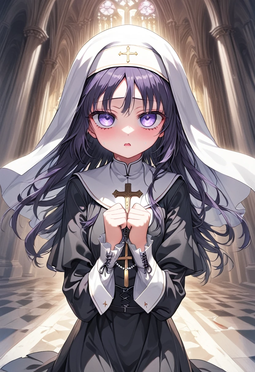 (1girl:1.4, , loli, 1 nun ,  1 sister, Monastic Clothes, Detailed skin, Beautiful Hair,  high definition), Gothic,  yandere:1.2, Yandere:1.2, Confused eyes, purple eyes:1.2,  sick expression, empty eyes, longeyelashes, crazy, Veil, Lace-up boots, Clenching one’s fists, Rosary, prayer, cathedral, Solemn, whole body:1.3, from above, from below:1.3