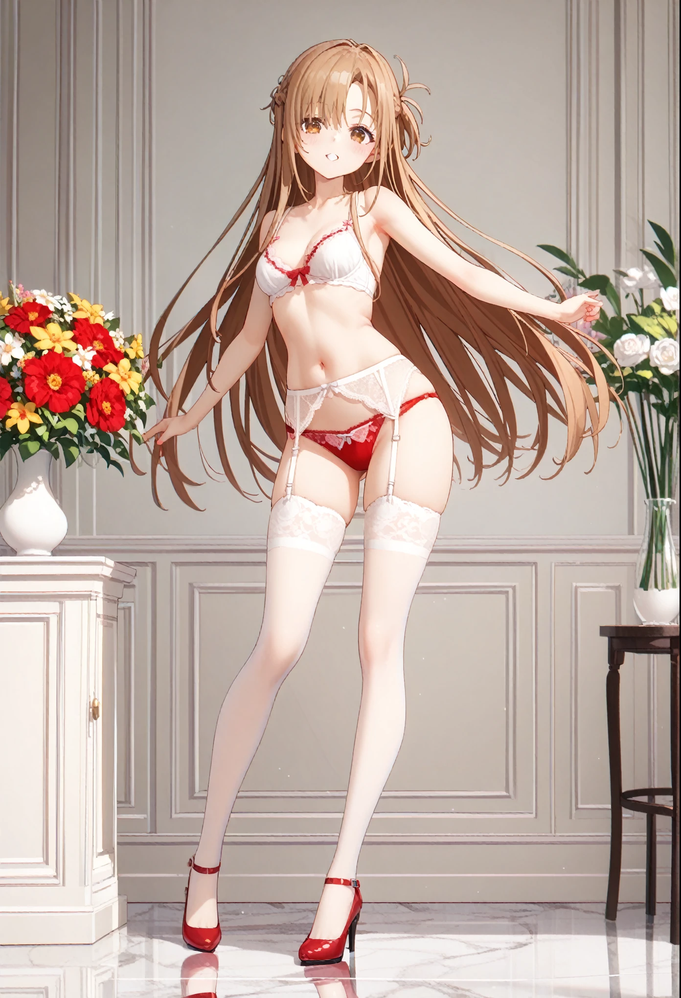 score_9, score_8_up, score_7_up, source_anime,,hyper detail,perfect anatomy, 1girl,multicoloed flowers,big vase,marble floor ,underwear,Tall,white and red Bra,white and red  panties,lace garter stockings,High Heels,garter belt,lacy thighhigh,flower stand,underwear only,small breasts,dynamic pose,yuuki asuna, brown eyes, brown hair, long hair, bangs, 