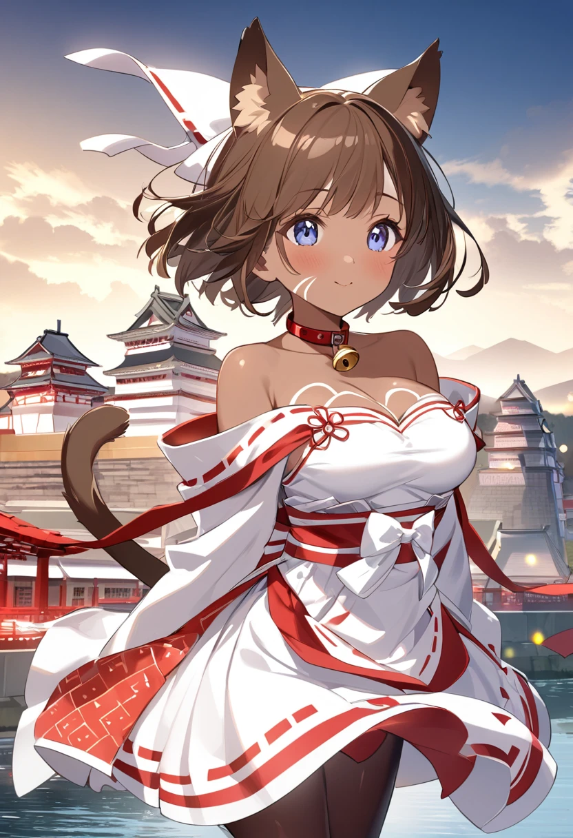 Best Quality、 one girl、ender body、Normal size breasts、 Shiny Brown Hair 、pattern with three red whiskers、 short bob、Cat ears and tail、Dark blue eyes、Brown Skin、Red and white shrine maiden costume、Brown tights、Collar with bells、Proud expression、Edo Castle Town、 light shines in 、 strong winds are blowing in front of the river