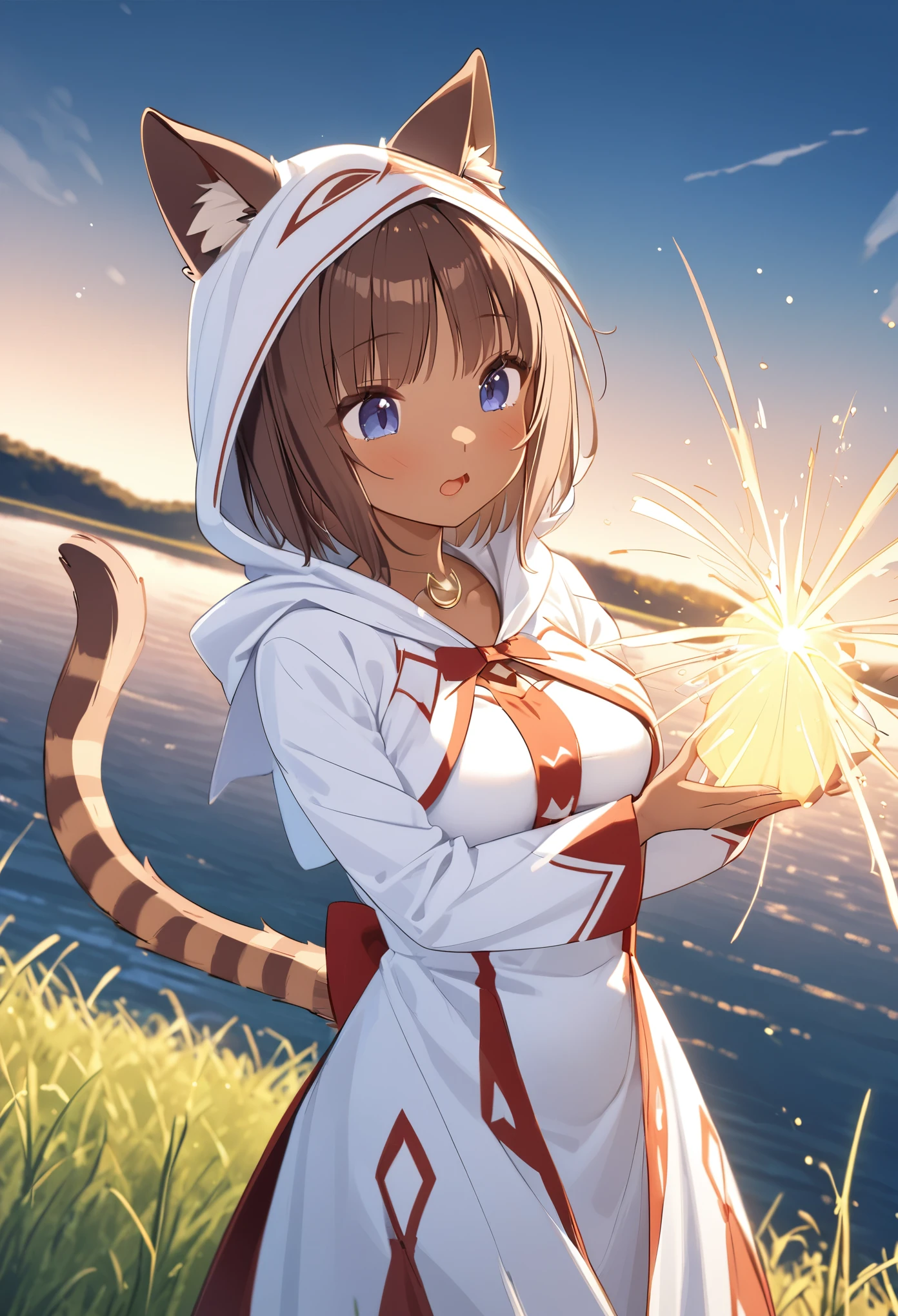 Best Quality、 one girl、ender body、Normal size breasts、 Shiny Brown Hair 、pattern with three red whiskers、 short bob、Cat ears and tail、Dark blue eyes、Brown Skin、The white mage costume 、hood with white cat ears、 is chanting healing magic、Proud expression、 light shines in 、grassland、 strong winds are blowing in front of the river