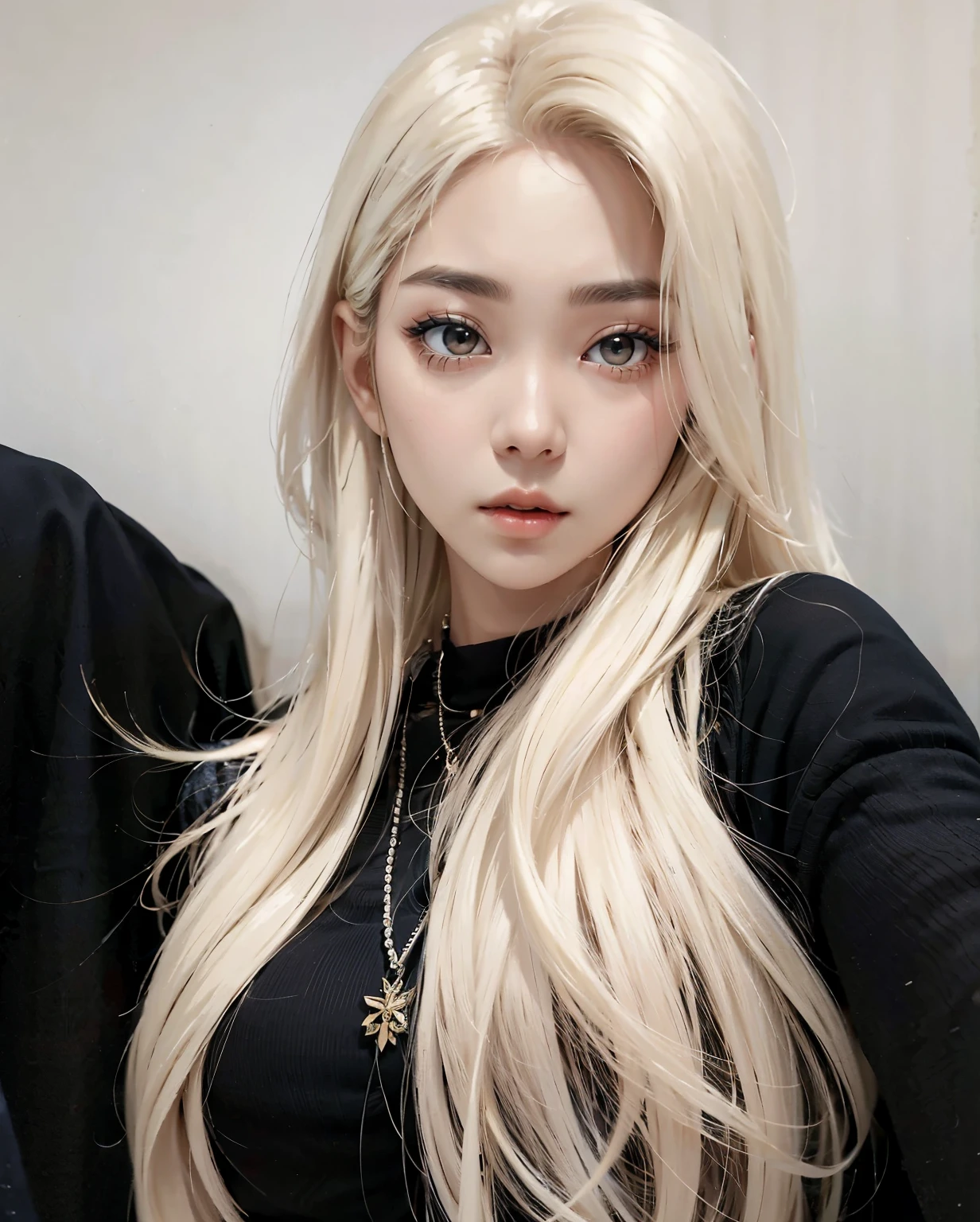 a close-up of a woman with long blonde hair and a necklace, ava max, very very pale blond hair, extremely pale blond hair, TaeJune Kim, Jinyoung Canela, popular south korean makeup, Sakimichan, Heonhwa Choe, ulzzang, long blonde hair and big eyes, cruel korean goth girl, Cl, Korean girl