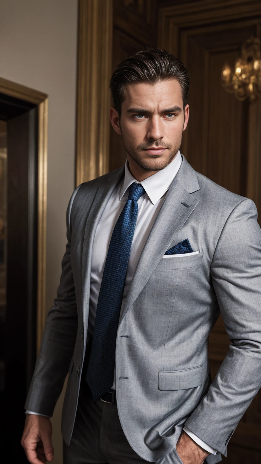 realistic, photo, muscular man, portrait, dutch angle, (looking at viewer:1.3), groomed blond hair, black eyes, hair slicked back, light blue dress shirt, black suit jacket, red striped tie, short hair, masterpiece, high quality, hires, best quality, huge arms,