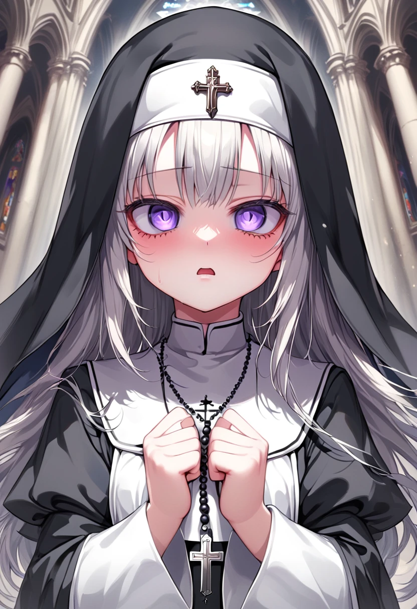 (1girl:1.4, , loli, 1 nun ,  1 sister, Monastic Clothes, Detailed skin, Beautiful Hair,  high definition), Gothic,  yandere:1.2, Yandere:1.2, Confused eyes, purple eyes:1.2,  sick expression, empty eyes, longeyelashes, crazy, Veil, Lace-up boots, Clenching one’s fists, Rosary, prayer, cathedral, Solemn, whole body:1.3, from above, from below:1.3