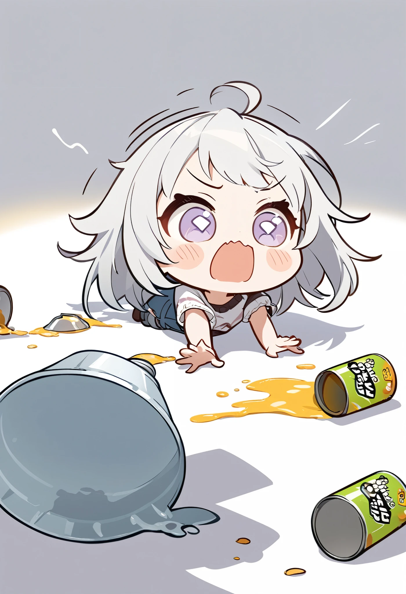 illustration, best quality, chibi style, 1girl, silver hair, fallen on the ground, spilled juice can, juice spilled on floor, surprised expression, casual outfit, simple white background, humorous and clumsy atmosphere, soft shadows, lighthearted and playful vibe