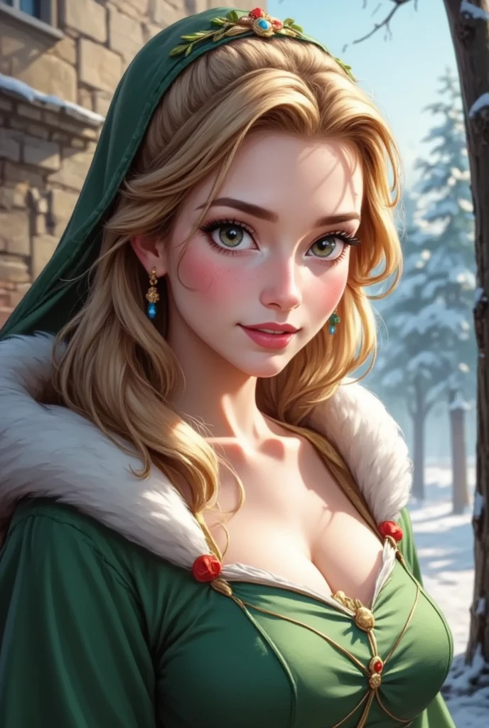 a beautiful empress portrait, blonde hair, perfect blue eyes, with a brilliant, impossible striking big Christmas headpiece, clothes Santa robes, everything Christmas, snow, symmetrical, dramatic studio lighting, rococo, baroque, greens, asian, hyperrealism, closeup, D&D, fantasy, intricate, elegant, highly detailed, digital painting, artstation, octane render, 8k, concept art, matte, sharp focus