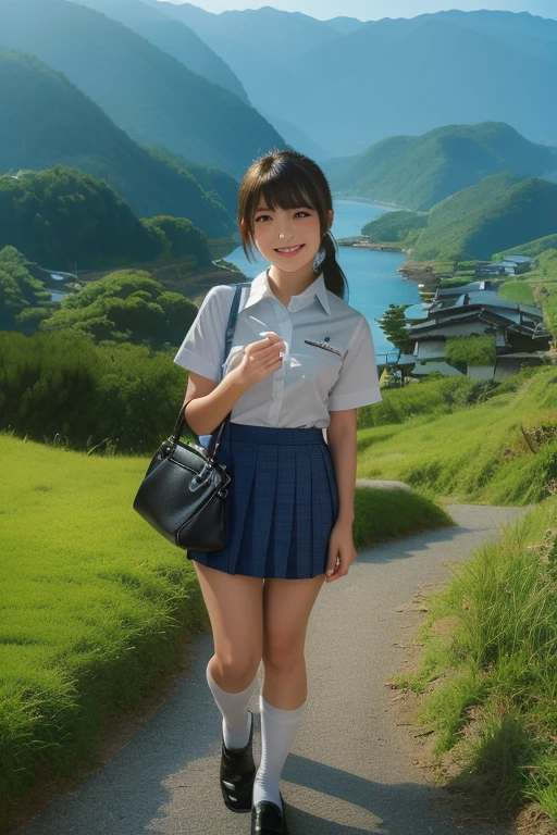 1japanese girl, white short sleeve collared shirt, white folded socks, pleated skirt, black loafers, lower ponytail, bangs, school bag, standing, smile, japanese countryside scenery, BREAK, (full body shot:1.45), BREAK, (masterpiece, best  quality:1.4), (8k, raw photo, photorealistic:1.2), ultra high res, detailed skin, detailed face, detailed eyes