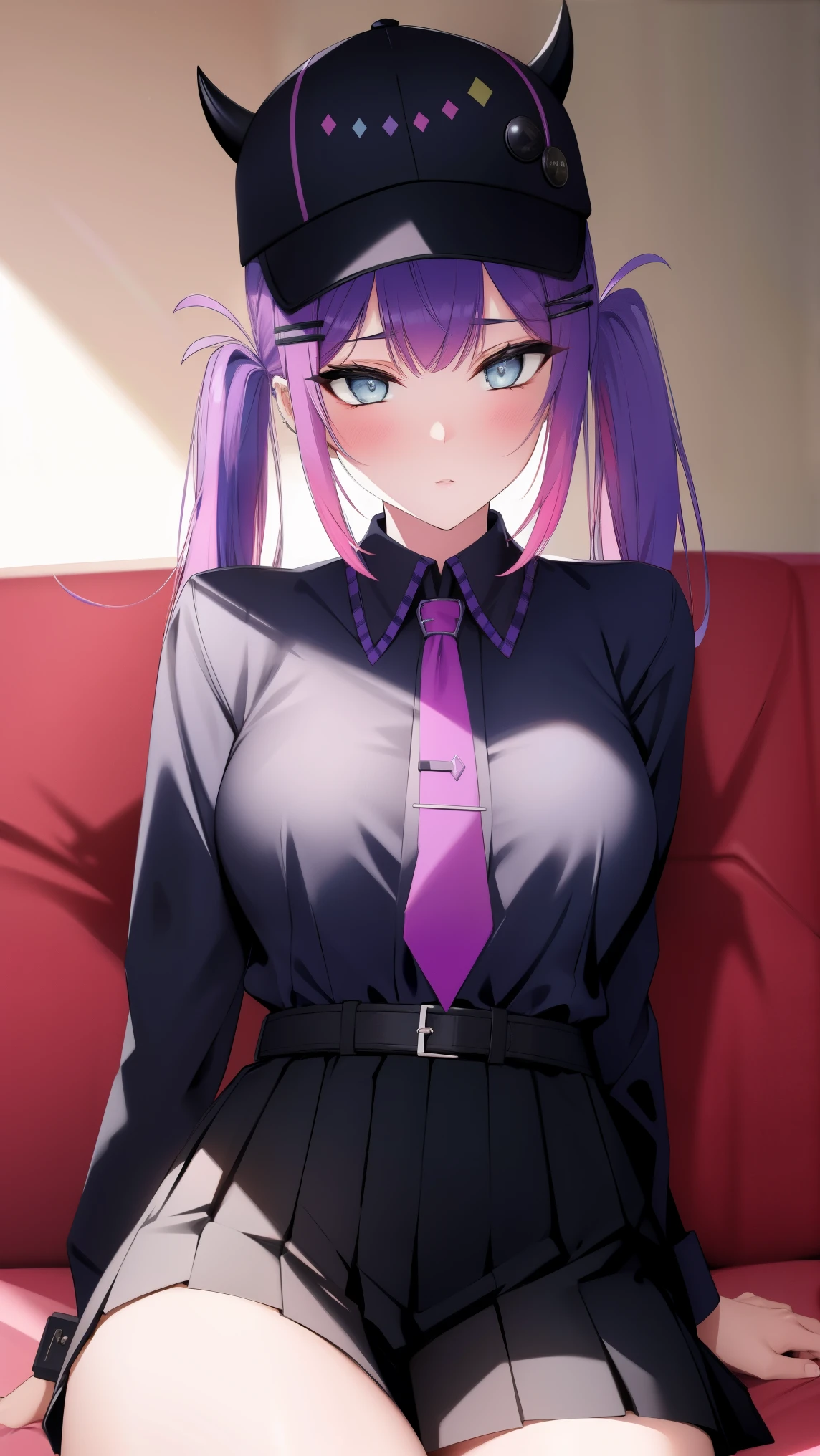 (day:1.7), sky background,a blue sky and clouds,
sitting at attention,sitting on couch,
purple necktie, black shirt, collared shirt, long sleeves, black skirt, plaid skirt,
aatowa, long hair, twintails, black headwear, baseball cap, fake horns, hairclip, piercing, demon tail,
1 girl, 20yo,young female,Beautiful Finger,Beautiful long legs,Beautiful body,Beautiful Nose,Beautiful character design, perfect eyes, perfect face,
looking at viewer, (innocent_big_eyes:1.0),(expressionless:1.3),
NSFW,official art,extremely detailed CG unity 8k wallpaper, perfect lighting,Colorful, Bright_Front_face_Lighting,
(masterpiece:1.0),(best_quality:1.0), ultra high res,4K,ultra-detailed,
photography, 8K, HDR, highres, absurdres:1.2, Kodak portra 400, film grain, blurry background, bokeh:1.2, lens flare, (vibrant_color:1.2)
(Beautiful,medium_Breasts:1.4), (beautiful_face:1.5),(narrow_waist),(perfect hands, perfect anatomy),