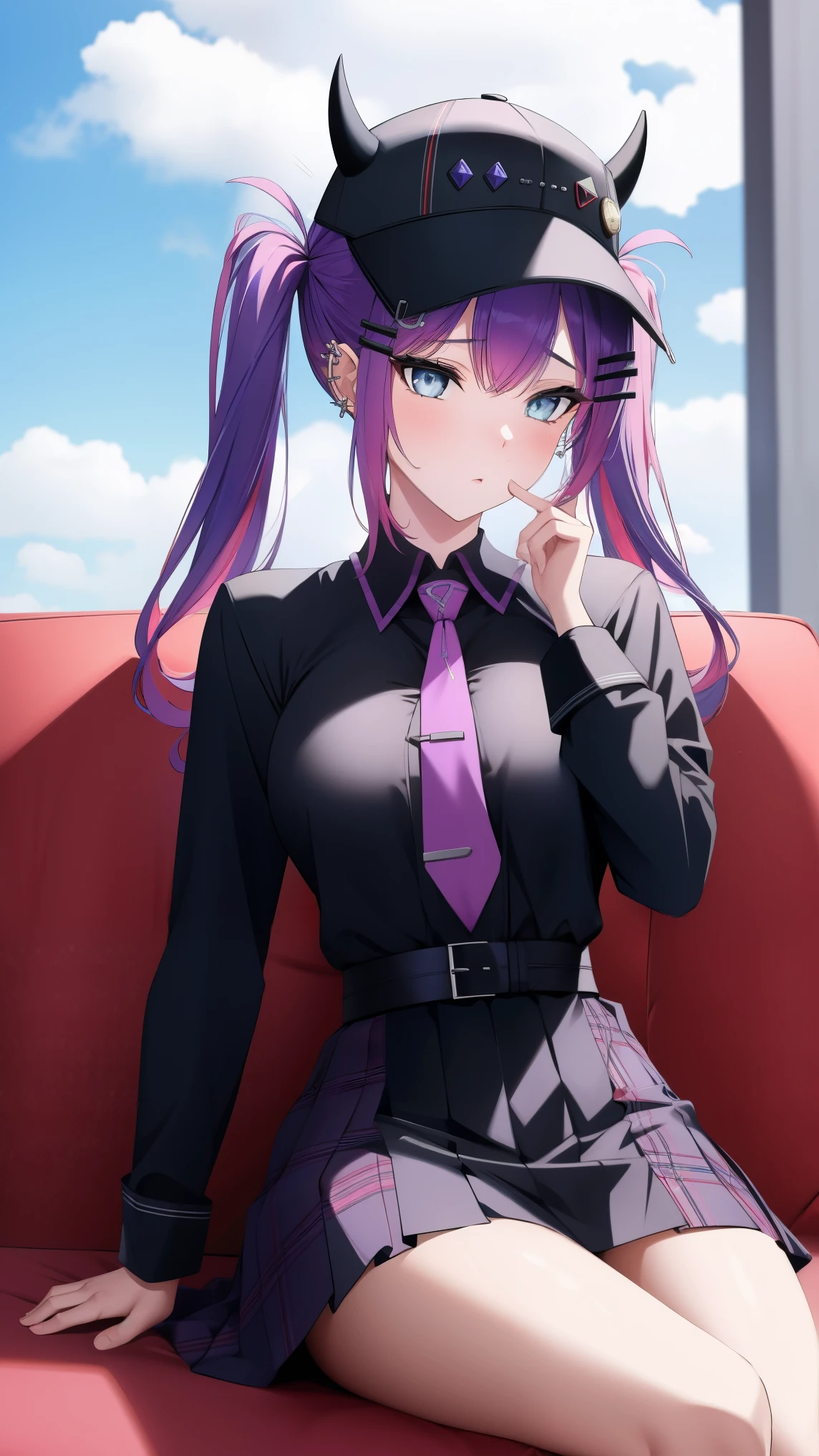 (day:1.7), sky background,a blue sky and clouds,
sitting at attention,sitting on couch,
purple necktie, black shirt, collared shirt, long sleeves, black skirt, plaid skirt,
aatowa, long hair, twintails, black headwear, baseball cap, fake horns, hairclip, piercing, demon tail,
1 girl, 20yo,young female,Beautiful Finger,Beautiful long legs,Beautiful body,Beautiful Nose,Beautiful character design, perfect eyes, perfect face,
looking at viewer, (innocent_big_eyes:1.0),(expressionless:1.3),
NSFW,official art,extremely detailed CG unity 8k wallpaper, perfect lighting,Colorful, Bright_Front_face_Lighting,
(masterpiece:1.0),(best_quality:1.0), ultra high res,4K,ultra-detailed,
photography, 8K, HDR, highres, absurdres:1.2, Kodak portra 400, film grain, blurry background, bokeh:1.2, lens flare, (vibrant_color:1.2)
(Beautiful,medium_Breasts:1.4), (beautiful_face:1.5),(narrow_waist),(perfect hands, perfect anatomy),