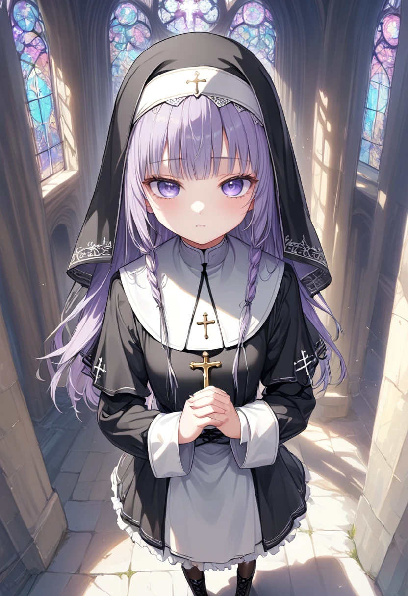 (1girl:1.4, , ****, 1 nun ,  1 sister, Monastic Clothes, Detailed skin, Beautiful Hair,  high definition), Gothic, purple eyes:1.2, clear, longeyelashes, Veil, Lace-up boots, Clenching one’s fists, Rosary, prayer, cathedral, Solemn, whole body:1.3, from above, from below:1.3