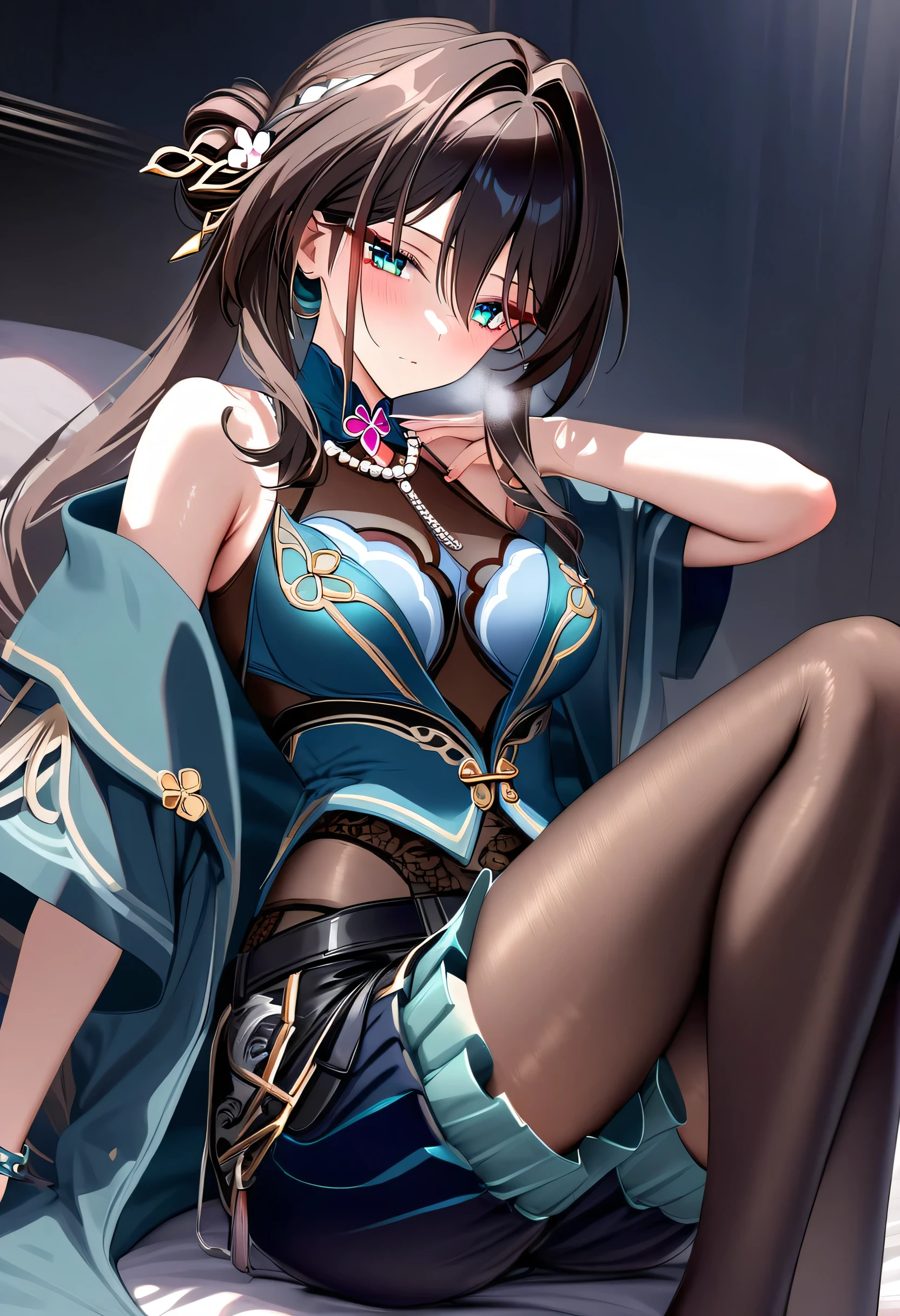 (masterpiece:1.2), (best quality:1.2), beautiful detailed eye, 1 girl, adult grown woman, ruan mei \(honkai: star rail\), long brown hair, hair between eyes, hair ornament, long hair, blue eyes, medium breast, blush, close mouth, heavy breathing, (layered jacket:1.6), (high-tech streetwear:1.5), (metallic zippers:1.6), (harness details:1.5), (utility-inspired design:1.4), (oversized jacket:1.5), (mesh undershirt:1.4), (layered shorts:1.5), (intricate patterns:1.3), (reflective accents:1.5), (gothic and industrial fusion:1.4), pantyhose, sitting on a bed, sitting