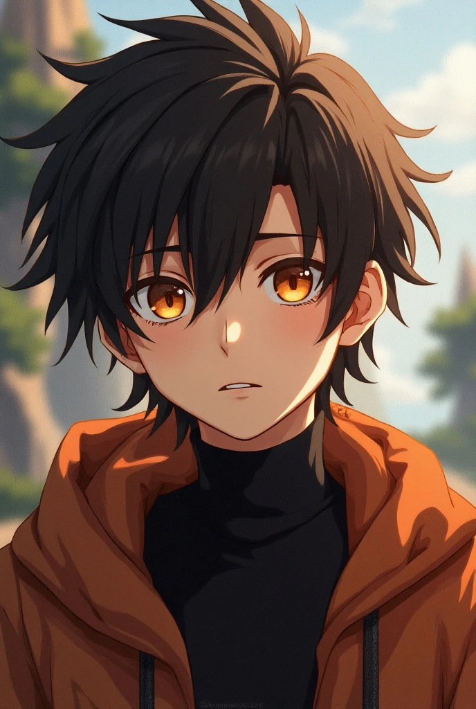 A young man with dark brown hair and amber eyes, in the cartoon style ...