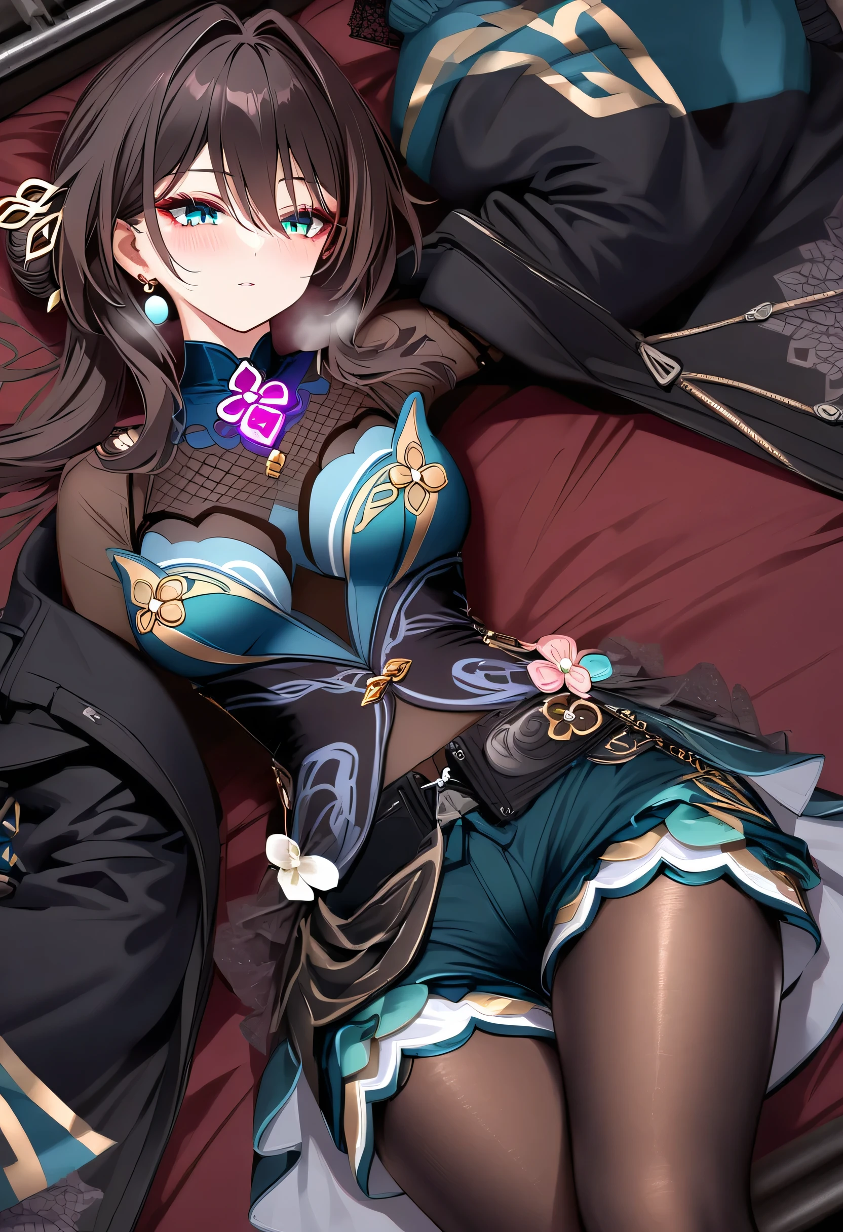 (masterpiece:1.2), (best quality:1.2), beautiful detailed eye, 1 girl, adult grown woman, ruan mei \(honkai: star rail\), long brown hair, hair between eyes, hair ornament, long hair, blue eyes, medium breast, blush, close mouth, heavy breathing, (layered jacket:1.6), (high-tech streetwear:1.5), (metallic zippers:1.6), (harness details:1.5), (utility-inspired design:1.4), (oversized jacket:1.5), (mesh undershirt:1.4), (layered shorts:1.5), (intricate patterns:1.3), (reflective accents:1.5), (gothic and industrial fusion:1.4), pantyhose, lying down, in a relaxed pose, bedroom