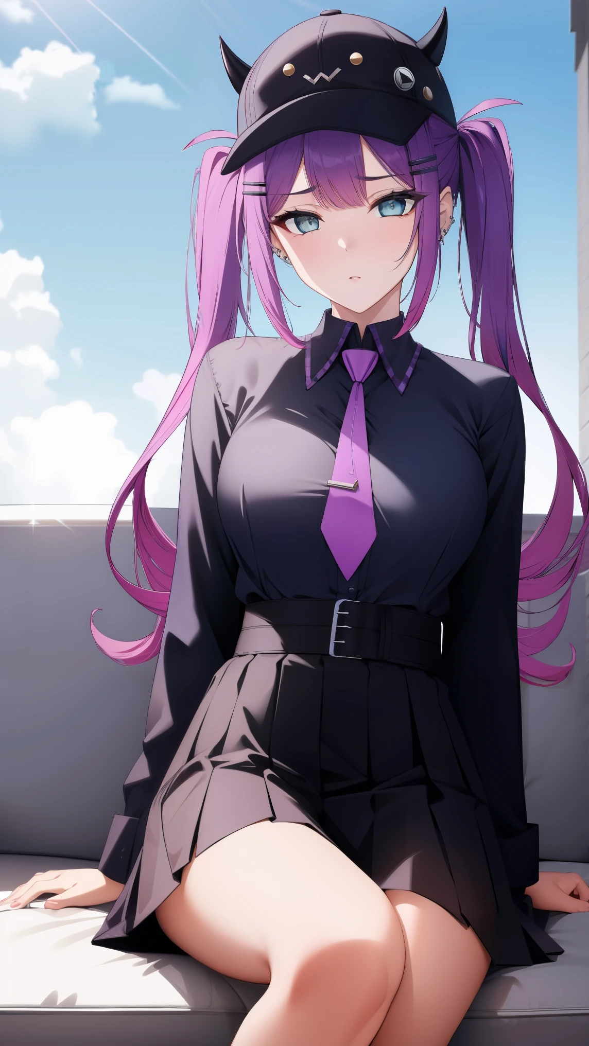 (day:1.7), sky background,a blue sky and clouds,
sitting at attention,sitting on couch,
purple necktie, black shirt, collared shirt, long sleeves, black skirt, plaid skirt,
aatowa, long hair, twintails, black headwear, baseball cap, fake horns, hairclip, piercing, demon tail,
1 girl, 20yo,young female,Beautiful Finger,Beautiful long legs,Beautiful body,Beautiful Nose,Beautiful character design, perfect eyes, perfect face,
looking at viewer, (innocent_big_eyes:1.0),(expressionless:1.3),
NSFW,official art,extremely detailed CG unity 8k wallpaper, perfect lighting,Colorful, Bright_Front_face_Lighting,
(masterpiece:1.0),(best_quality:1.0), ultra high res,4K,ultra-detailed,
photography, 8K, HDR, highres, absurdres:1.2, Kodak portra 400, film grain, blurry background, bokeh:1.2, lens flare, (vibrant_color:1.2)
(Beautiful,medium_Breasts:1.4), (beautiful_face:1.5),(narrow_waist),(perfect hands, perfect anatomy),