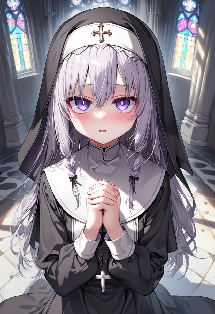 (1girl:1.4, , loli, 1 nun ,  1 sister, Monastic Clothes, Detailed skin, Beautiful Hair,  high definition), Gothic,  yandere:1.2, Yandere:1.2, Confused eyes, purple eyes:1.2,  sick expression, empty eyes, longeyelashes, crazy, Veil, Lace-up boots, Clenching one’s fists, Rosary, prayer, cathedral, Solemn, whole body:1.3, from above, from below:1.3