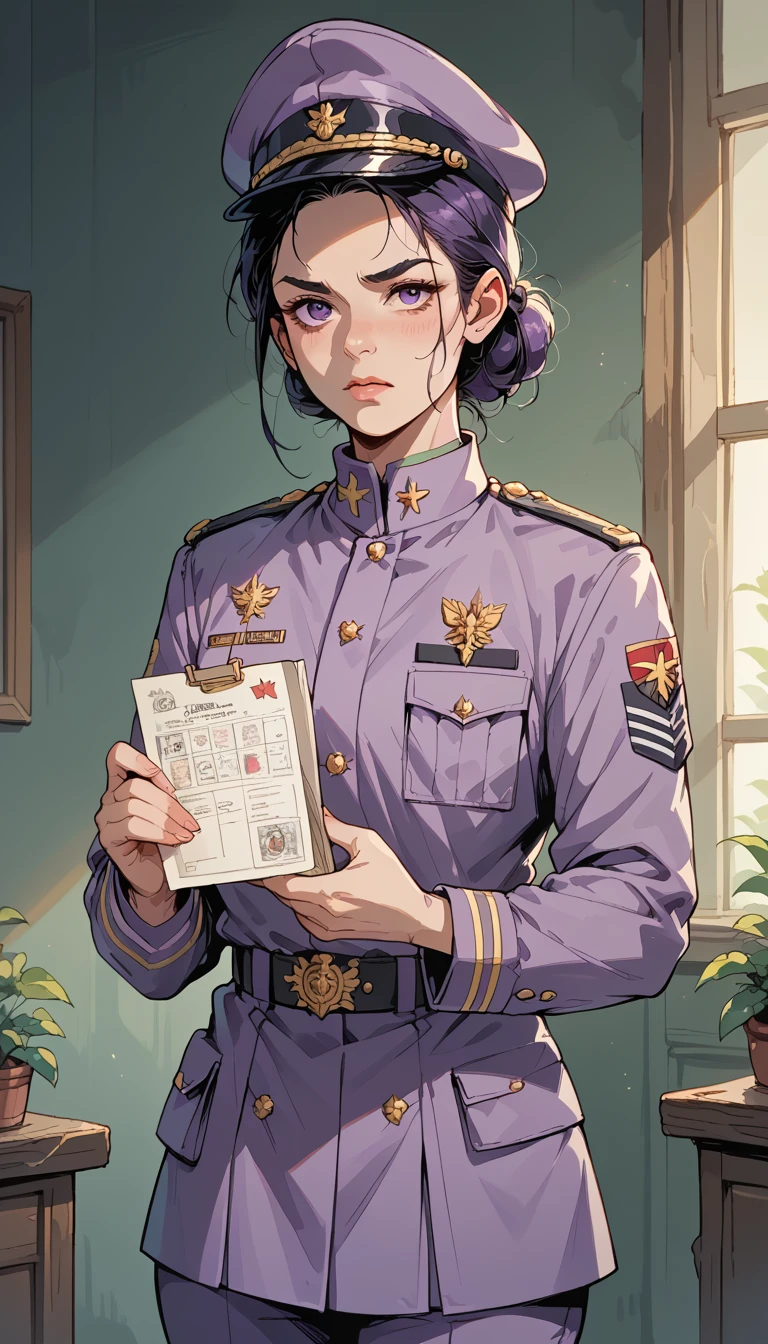 A female messenger hurriedly runs while holding orders, purple military uniform.