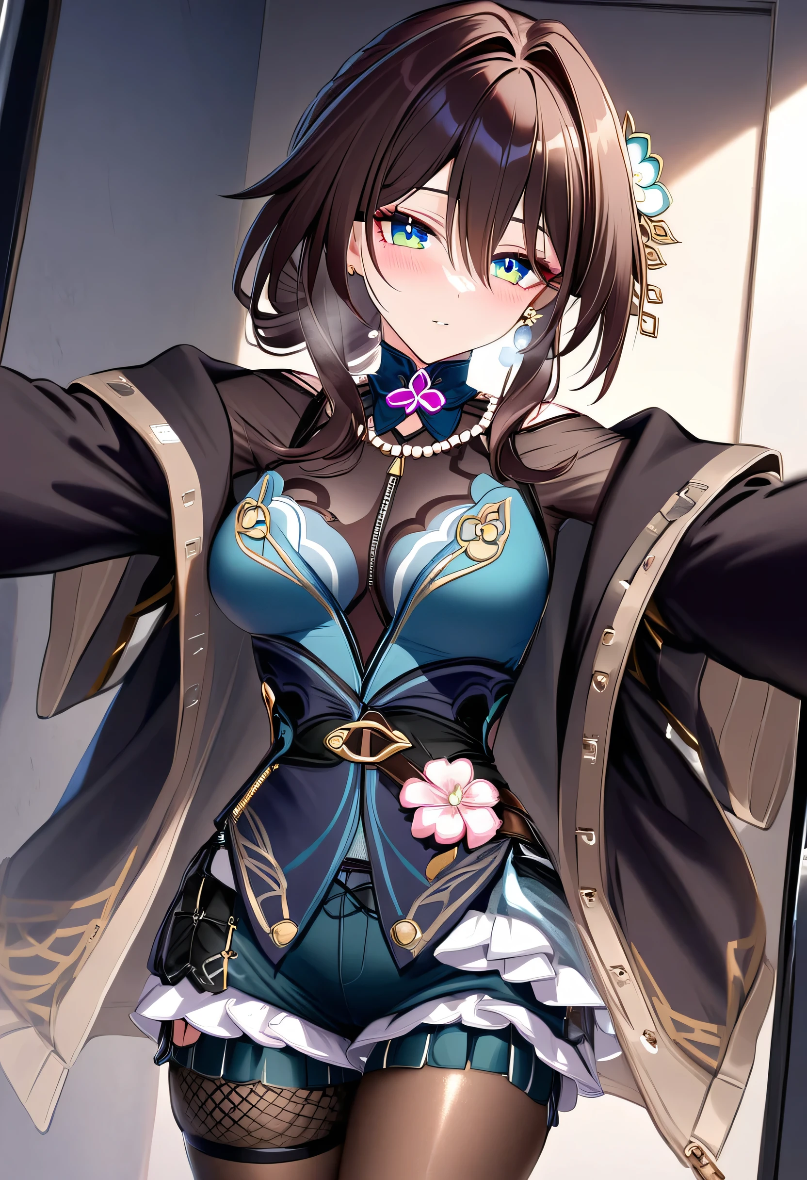 (masterpiece:1.2), (best quality:1.2), beautiful detailed eye, 1 girl, adult grown woman, ruan mei \(honkai: star rail\), long brown hair, hair between eyes, hair ornament, long hair, blue eyes, medium breast, blush, close mouth, heavy breathing, (layered jacket:1.6), (high-tech streetwear:1.5), (metallic zippers:1.6), (harness details:1.5), (utility-inspired design:1.4), (oversized jacket:1.5), (mesh undershirt:1.4), (layered shorts:1.5), (intricate patterns:1.3), (reflective accents:1.5), (gothic and industrial fusion:1.4), pantyhose, selfie, incoming hug