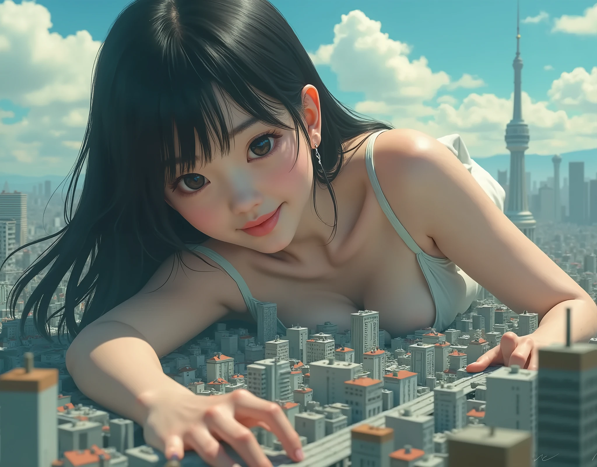 High resolution、Super detailed、(1 girl:1.3)、complex architecture、lush garden、Designing images using the fisheye effect、Capture a wide field of view with a unique curved perspective、panoramic cityscape、Creating elevation-aware rooftop views in urban environments、smile、cleavage