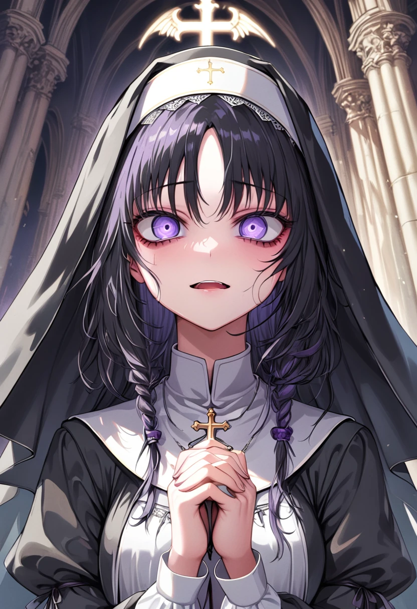 (1girl:1.4, , loli, 1 nun ,  1 sister, Monastic Clothes, Detailed skin, Beautiful Hair,  high definition), Gothic,  yandere:1.2, Yandere:1.2, Confused eyes, purple eyes:1.2,  sick expression, empty eyes, longeyelashes, crazy, Veil, Lace-up boots, Clenching one’s fists, Rosary, prayer, cathedral, Solemn, whole body:1.3, from above, from below:1.3