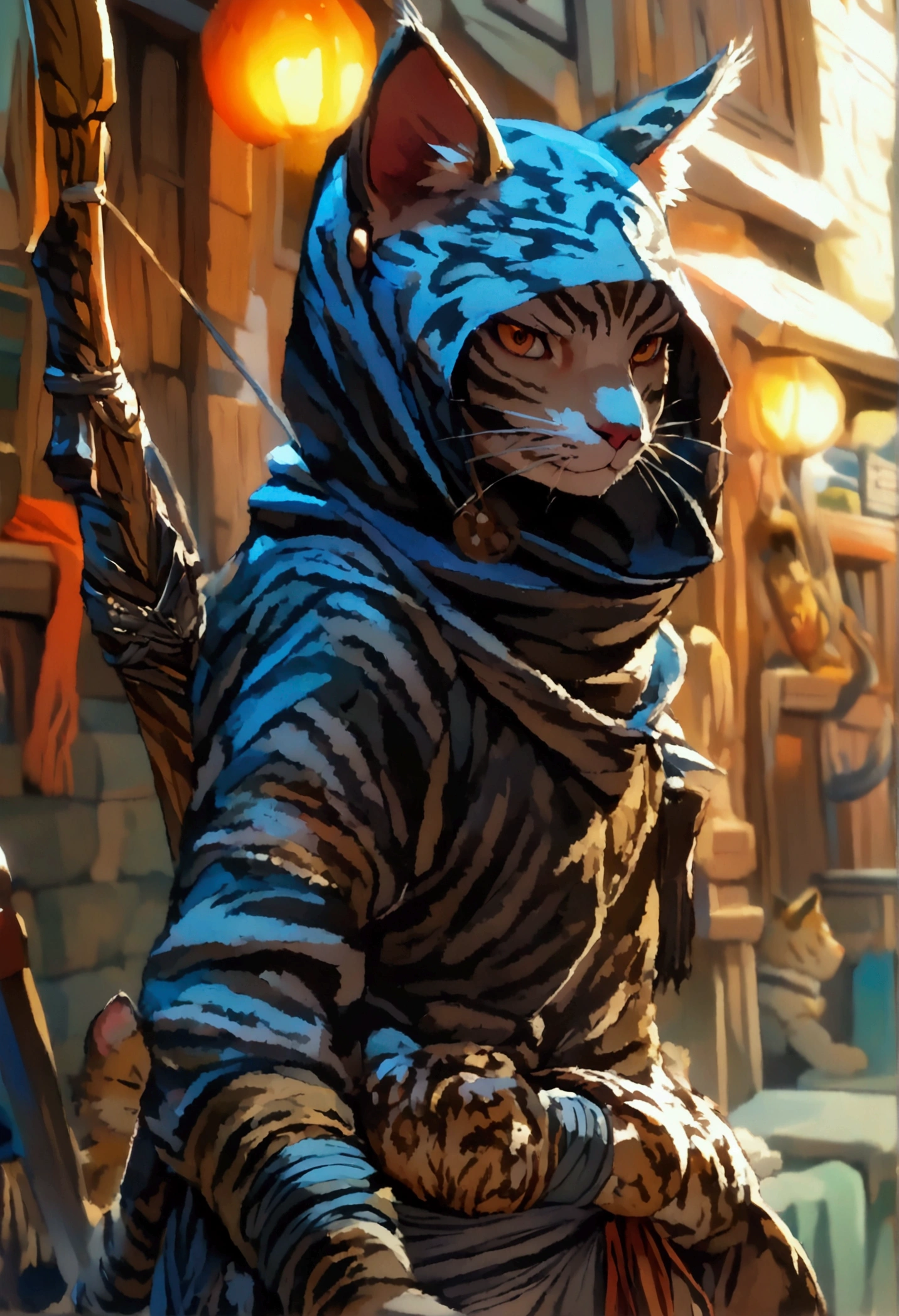 (8k, foto RAW, best quality, masterpiece),  a detailed portrait of the character, clearly worked details, (Tabaxi:1.4, Khajiit:1.4), ( On your own , burglar, bandit, Balaclava covering part of the face ), fantasy burglar clothes, rpg,  holding a bow , sword at the waist, agile, intricate, cinematic,  natural lighting  , anime, map style, raytracing,  face image,  High resolution, (Ultra Detailed)