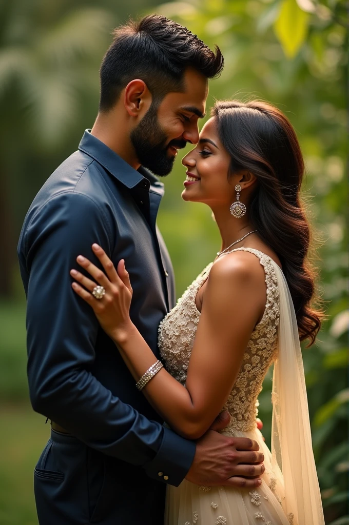 A 21 year odia girl wearing Ruffle spaghetti dress paired with net cape and embroidery kissing her's husband.Realistic