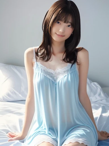 Cute girl, wearing only a nightgown that shows through her skin, (Sitting on the bed with her legs spread and showing off her crotch), her nipples are coming out of a large size nightgown, a large size, shy, very embarrassing, view viewers, detailed skin, detailed face, slender, girl, best quality, ultra-detail, full HD, 4K, 8k, Long hair