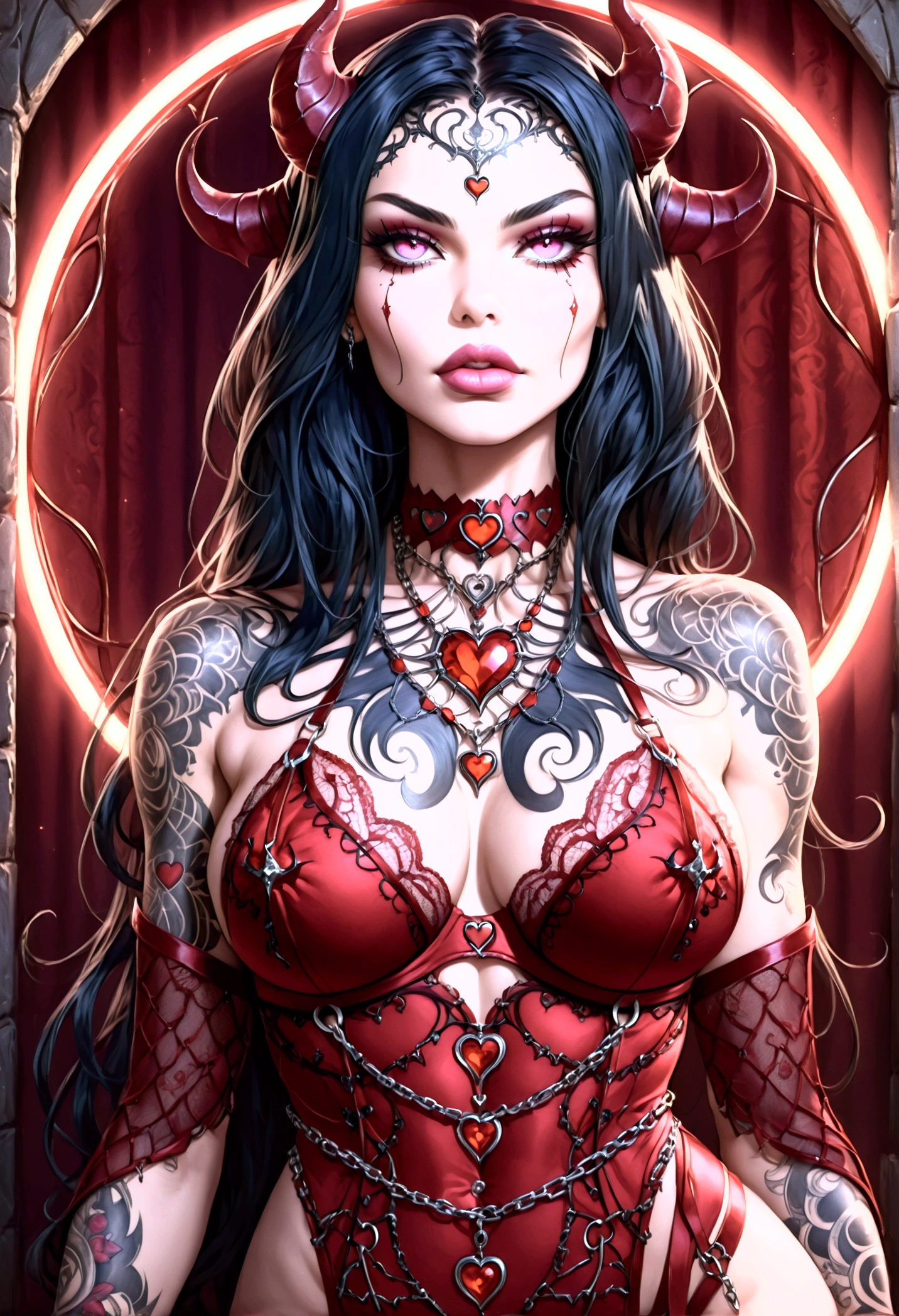 beautiful digital artwork, beautiful digital art, detailed beautiful face, 10k high quality detailed art, very beautiful digital art, digital art. highly detailed, beautiful detailed body, illuminated by a circular light that frames her head (Realisttic:1.2), ultra detailed, A gorgeous red velvet unbuttoned lingerie belt dress, topless, bare shoulders, Create a hyper detailed photograph of a model perfectly simetrical mechanical tattooed curved drop dead gorgeous evil demon queen, Stunningly perfect gorgeous feminine face, realistic makeup, detailed vibrant neon sapphire eyes, long flowing hair, Gentle facial curves, Fuller cheek bones, Smaller and wider-set eyes, Less pronounced jawline, Symmetry perfection Proportion facial features, sexual curved heart shaped mouth, long beautiful tattooed legs, beautiful tattooed arms, perfect feminine curved body figure, detailed perfect silky skin texture, perfectly full round breasts, perfect heart shaped ass, beautiful long tattooed legs, full body, full view, fullbody pose, sexy evil demon queen armor chain Jewels, highlighted by a soft glow that enhances the dreamlike atmosphere.", realistic.HEIC 