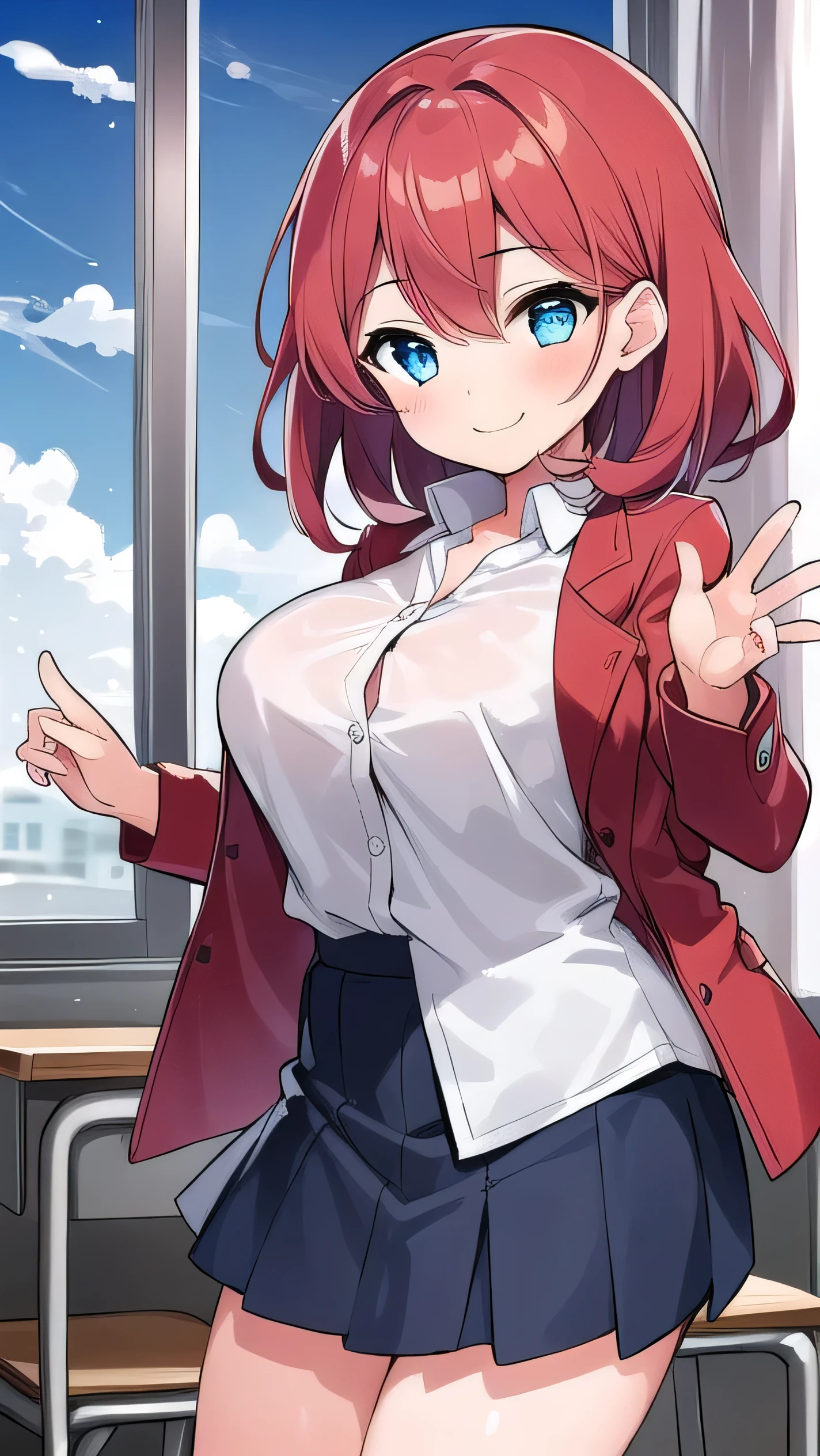 Big breasts, red hair, blue eyes, droopy eyes, red jacket, long sleeves, navy skirt, elementary school student, super big breasts, (medium hair: 1), baggy clothes, elementary school student, young face, short height, 10 years old, old, shy Agari, smiling a little, trying to unbutton his shirt in the classroom, white shirt, soft hair,straight hair , gentle smile, a little smile