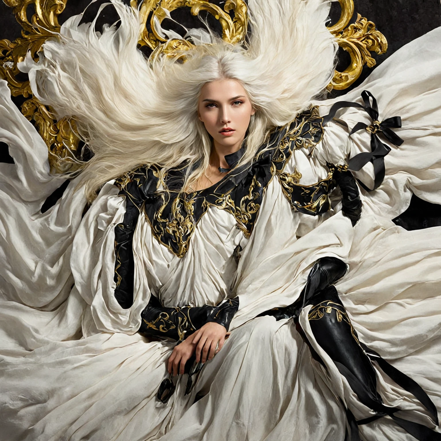 masterpiece, score_9, score_8_up, score_7_up, 1girl, female war goddess, solemn expression, long white hair, black and white outfit, black bow on head, seated, bed of white sheets, black boots with black straps, spread black wings, dense long feathers, holding divine yellow bow, celestial glow, intricate carved patterns, powerful, mythological energy, mysterious aura, yellow tassel of rare beast fur, fluttering in wind, dignified pose, mystical setting, elegant and regal,ImgFixerPre0.3
