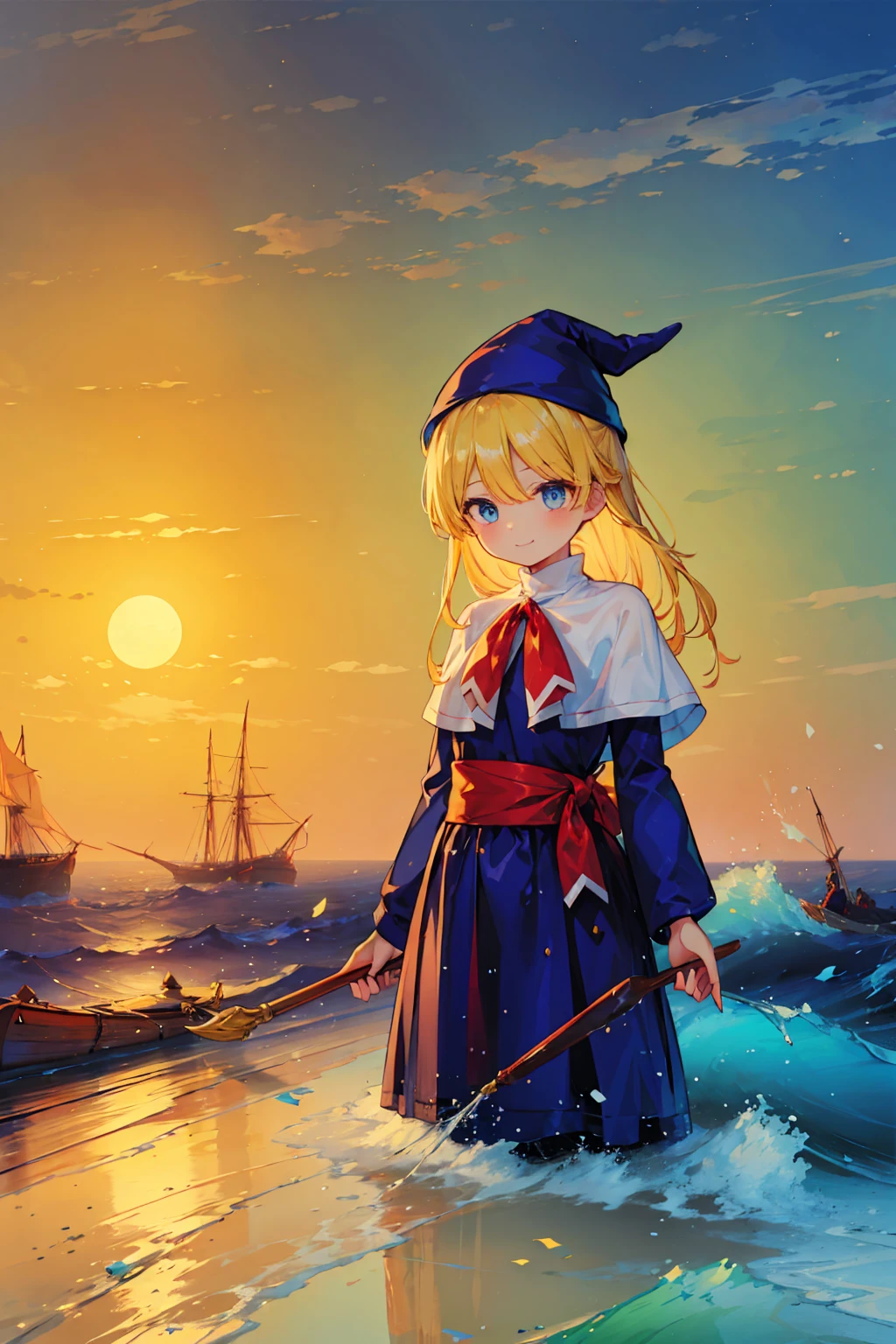 (8k,  Super High Quality , masterpiece:1.2),  ultra high resolution, cute,  girl, solo, whole body, Puyo Puyo's witch, Blonde, Blue Eyes , blue headwear ,  blue based robe,  red ribbon, White capelet, Ahoge,  long skirt , sea, Wave like a  , Bright smile, soaked, whole bodyに水滴,  soaked in water up to the waist, 