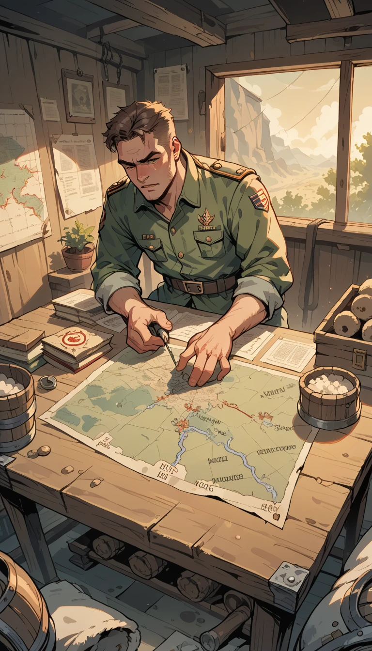 In a war room, a general pointed at the map on the table and gave orders to the commander.