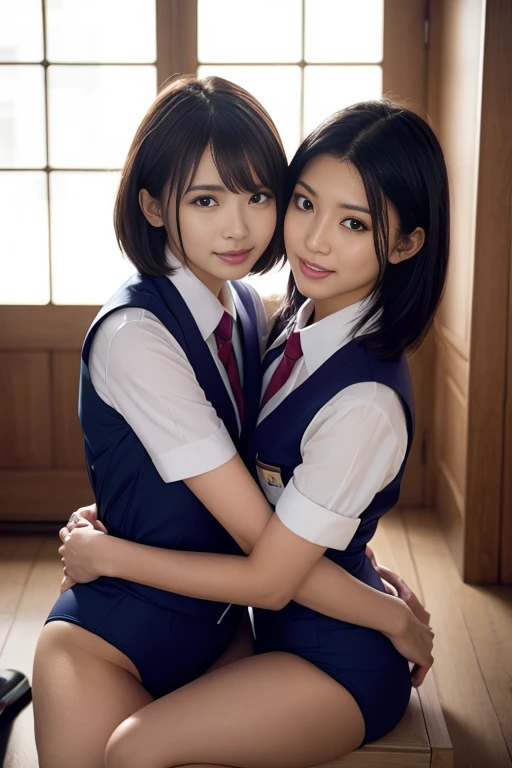 2 girls on desk in wooden school classroom,white shirt with red bow tie,white thong,hands on crotch,18-year-old,bangs,a little smile,large bare thighs,knees,spreading legs apart,short hair with low pigtails,from before,front light