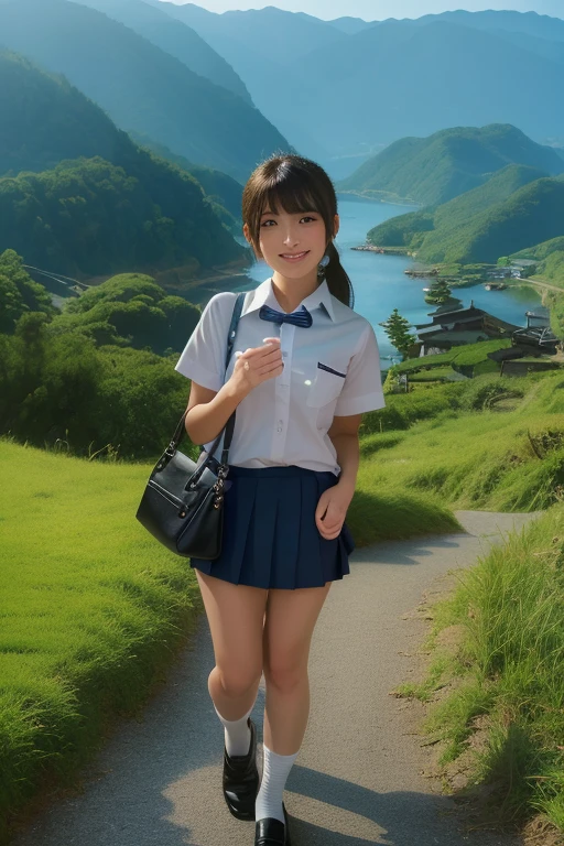  1japanese girl, white short sleeve collared shirt, white folded socks, pleated skirt, black loafers, lower ponytail, bangs, school bag, standing, smile, japanese countryside scenery, BREAK, (full body shot:1.5), BREAK, (masterpiece, best quality:1.4), (8k, raw photo, photorealistic:1.2), ultra high res, detailed skin, detailed face, detailed eyes 