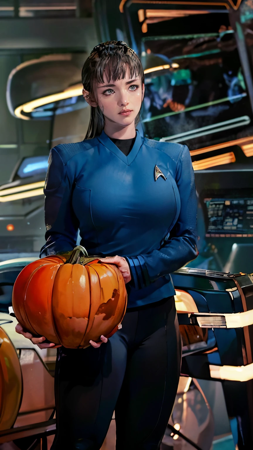 Ruth Negga,((( masterpiece ))),((The best quality))), ( Big breasts, pointed ears, Long, wide and heavy falling ),wearing a blue star trek snw uniform,( Vulcan girl sitting in a pumpkin wagon in the mountains）, shoulder length short straight black hair:1.2 ，Halloween Blue Night , super realistic, Pumpkin carriages bright orange , （big moon）， Pumpkins on the mountain , cloudy, detailed art, cinematic art , 24K Ultra HD resolution , blurred background, hyper-high detail
