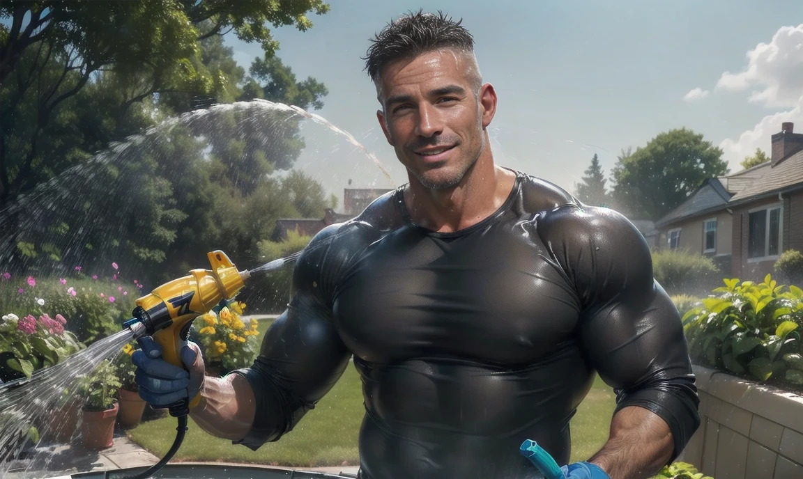 1 man, (((47-year-old daddy, dilf))), sexy crew-cut with some grey. sexy hairy charming guy, doing yard work. Wearing work pants, working gloves, shirtless. (((seductive smile, raising eyebrow at you))). (((Holding a garden hose in one hand, about to spray you))). Nice sunny yard in the background. Vibrant colors.