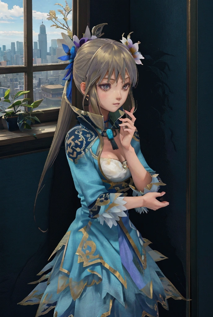 1girl, solo focus, tall female, blonde hair, very long hair, purple eyes, large breasts, wide hips, sharp face, jewel-like eyes, serious, tired, wearing blue dress ,accessories, smartwatch, flower hair ornament, cute smile, sitting, cafe, coffee shop ambience, coffee shop aesthetic, snow on window, dawn, window view, massive cityscape, beautiful view, dim-lit ambience, holding coffee, {correct posing}, {detailed clothing}, {detailed body}, {correct body anatomy}, {extremely beautiful and delicate anime face and eyes}, {minute details}, {intricate details}, {delicate}, (masterpiece), (best quality), (wallpaper), (8k hd),