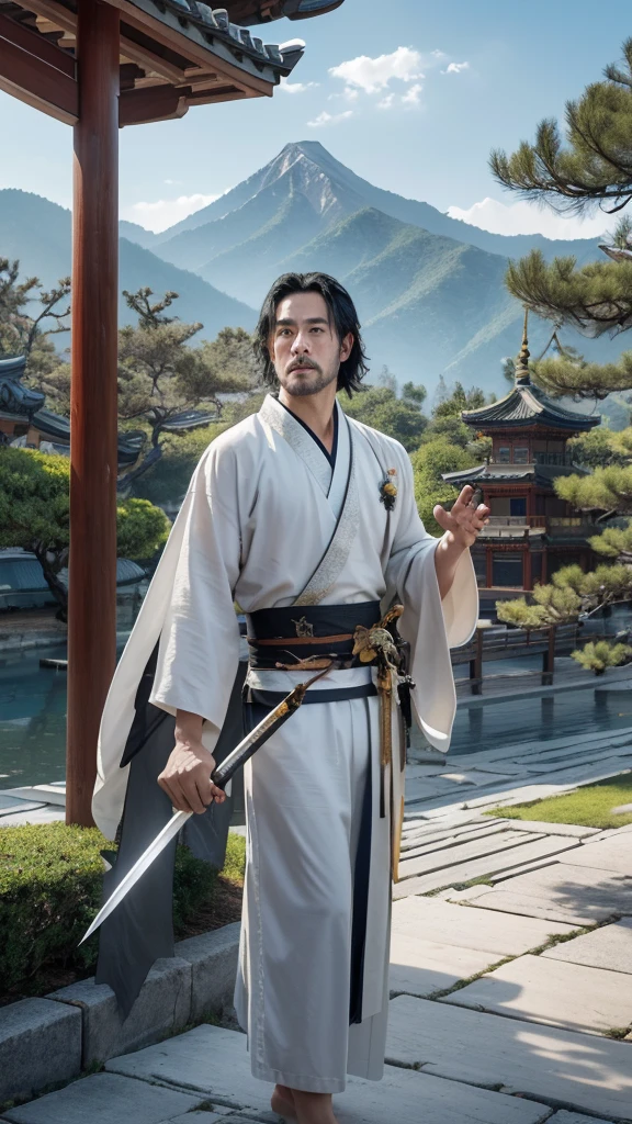 UHD,masterpiece, Award-winning ,best quality, high resolution,【8k, high detail ,(a man:1.6),perfect face,long black hair, Ancient Chinese Hair Accessory , Golden Hair Ornament ,(facing the camera:1.4),( Hand Sword :1.5), Handheld Knife Sheath , Ancient Chinese Robe ,martial arts, Death Star ,Bugu ,jump up, Behind a Dragon , Chinese Dragon ,Guardian, The background is mountains and trees,mountain,Pavilion,pine, bright sky,Baiyun,cloudy sky,Takashi,, Ancient Oriental Architecture ,  Ancient Chinese Architecture  ,