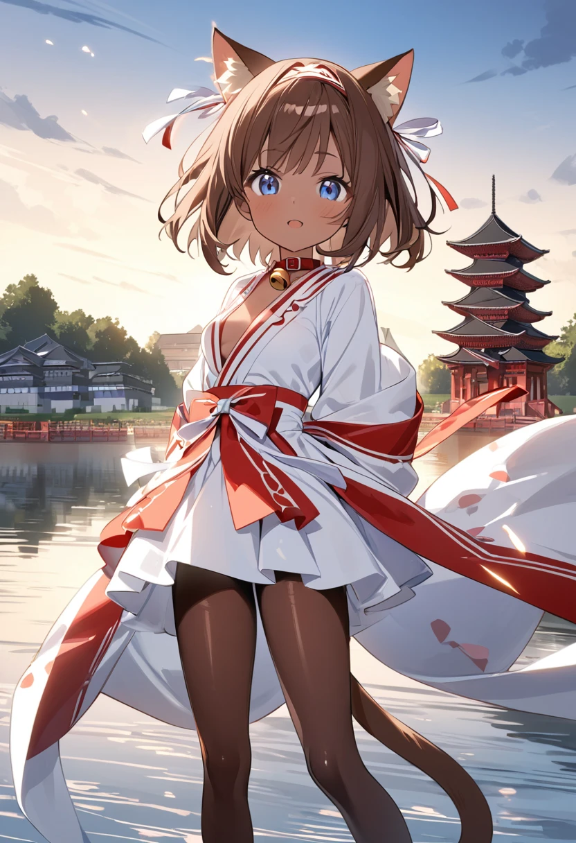 Best Quality、 one girl、ender body、 small breasts、 Shiny Brown Hair 、pattern with three red whiskers、 short bob、Cat ears and tail、Dark blue eyes、Brown Skin、Red and white shrine maiden costume、Brown tights、Collar with bells、Proud expression、Edo Castle Town、 light shines in 、 strong winds are blowing in front of the river