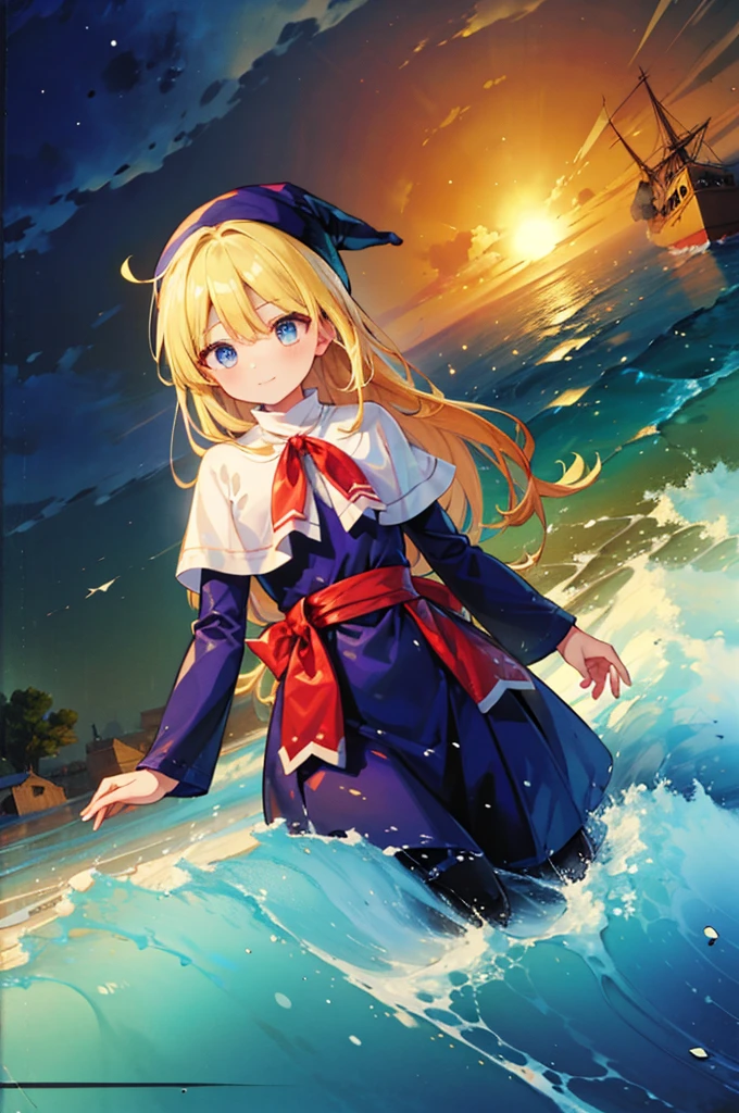 (8k,  Super High Quality , masterpiece:1.2),  ultra high resolution, cute,  girl, solo, whole body, Puyo Puyo's witch, Blonde, Blue Eyes , blue headwear ,  blue based robe,  red ribbon, White capelet, Ahoge,  long skirt , sea, Wave like a  , Bright smile, soaked, whole bodyに水滴,  soaked in water up to the waist, 