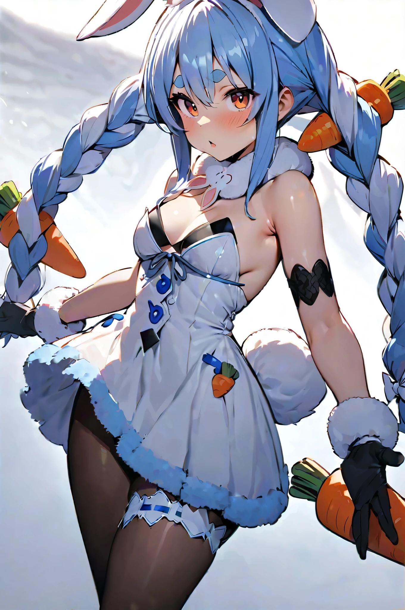 NSFW,masterpiece,Best Quality, high resolution, very detailed,Usada Pekora \( Hololive \), rabbit ears、Bunny&#39;s Tail、Twin braids、Carrot hair accessory、 thick eyebrows, detachable sleeve 、 black gloves、Fur scarf、 exposed shoulder 、White Dress、 black pantyhose、bridal garters